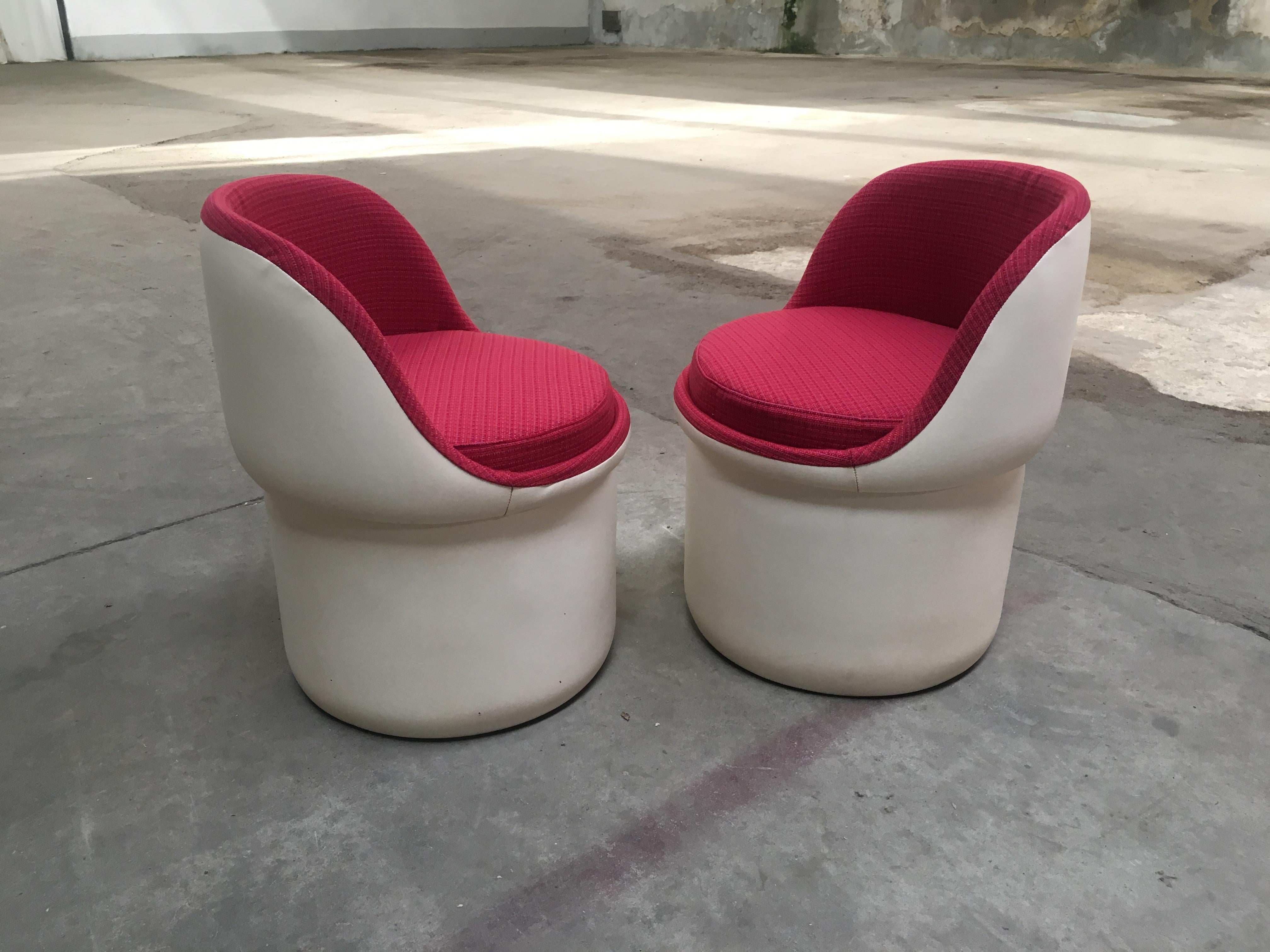 Late 20th Century Mid-Century Modern Italian Pair of Faux Leather and Fabric Armchairs, 1970s For Sale
