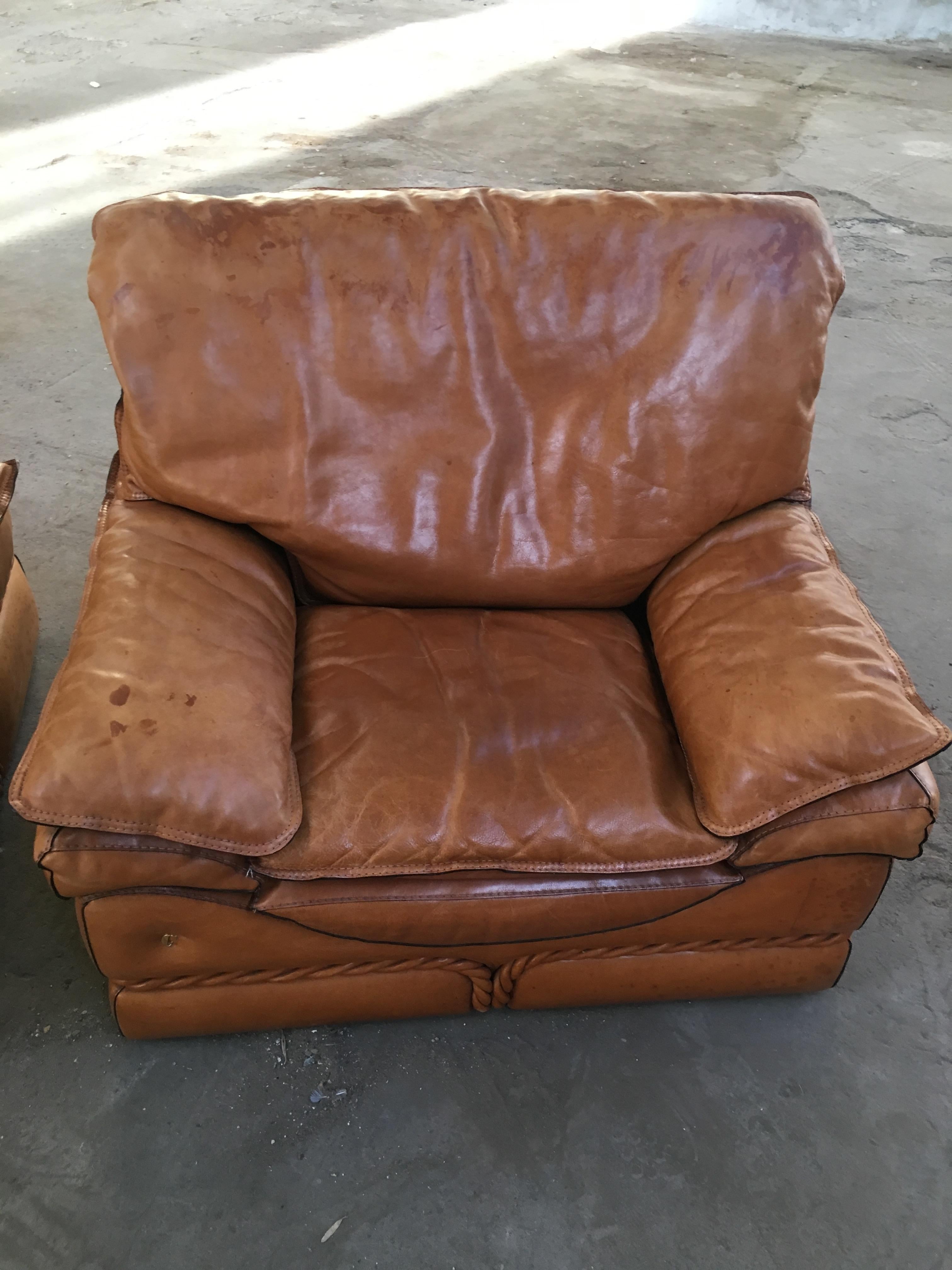 Late 20th Century Mid-Century Modern Italian Pair of Genuine Leather Armchairs by Colombo, 1970s