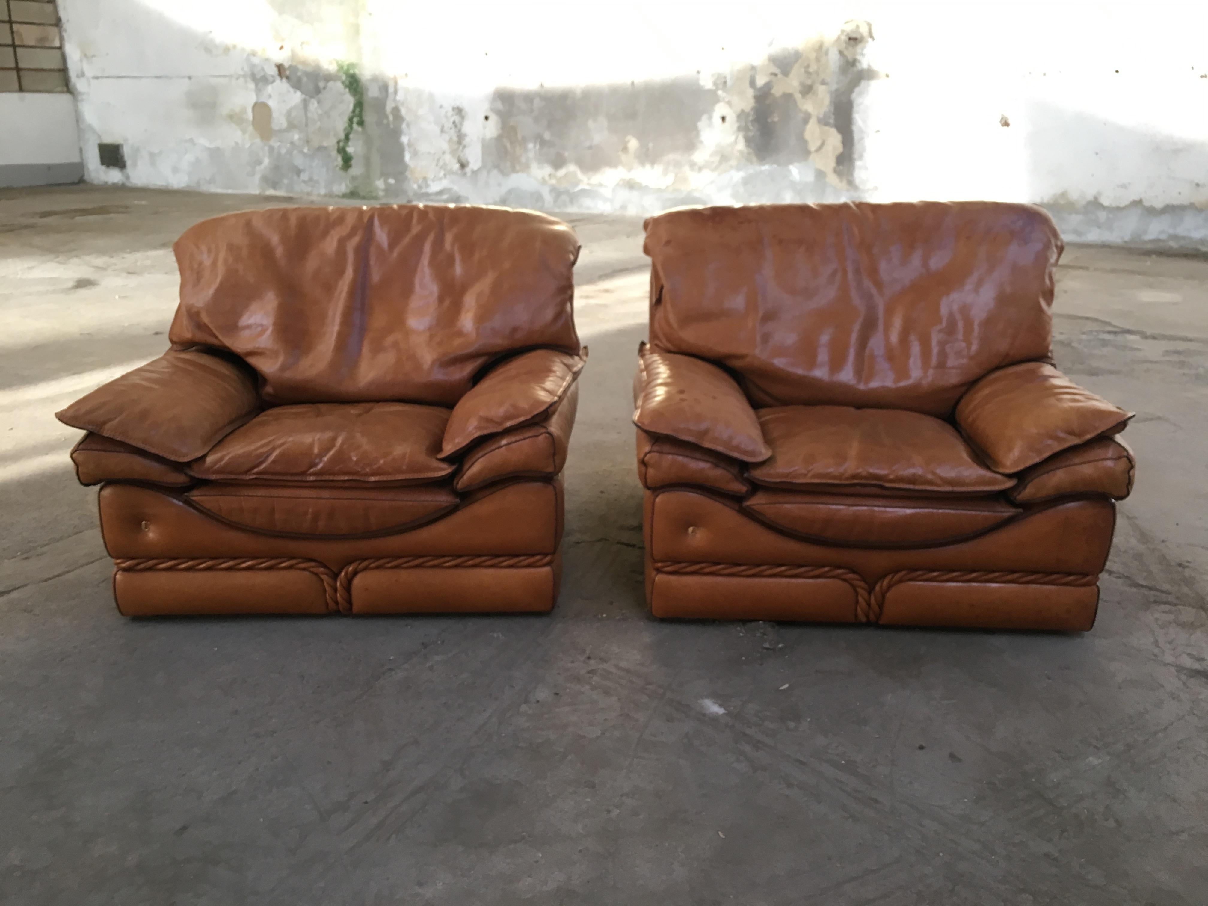 Patent Leather Mid-Century Modern Italian Pair of Genuine Leather Armchairs by Colombo, 1970s