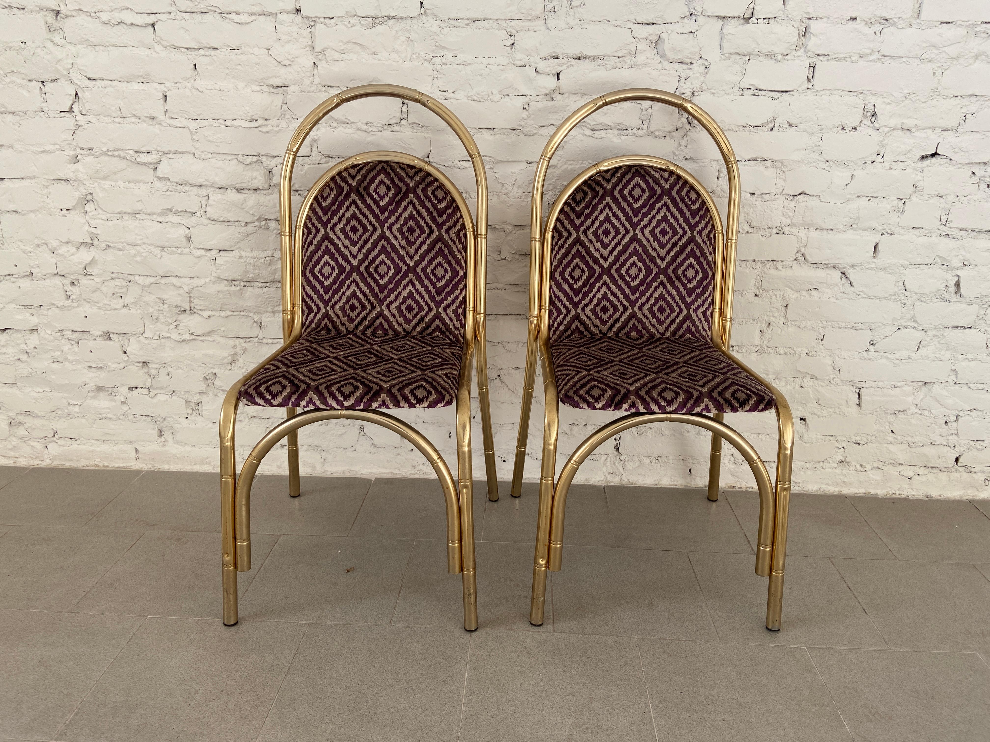 Mid-Century Modern Italian Pair of Gilt Metal Faux Bamboo Chairs, 1970s In Good Condition For Sale In Prato, IT