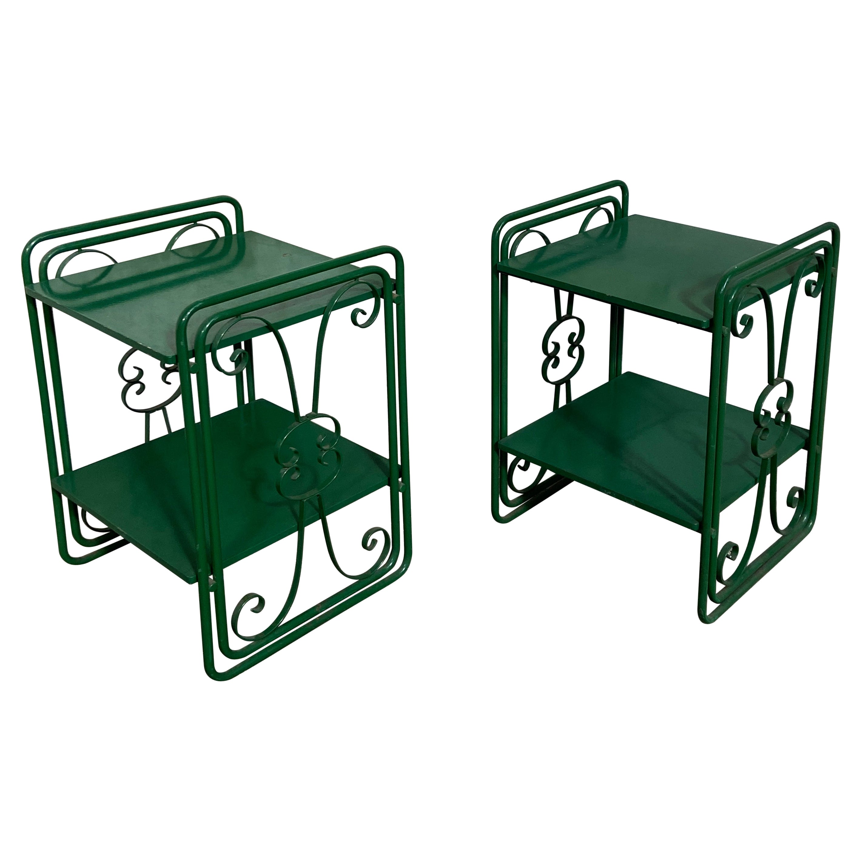 Mid-Century Modern Italian Pair of Green Painted Iron Bed Side Tables, 1970s