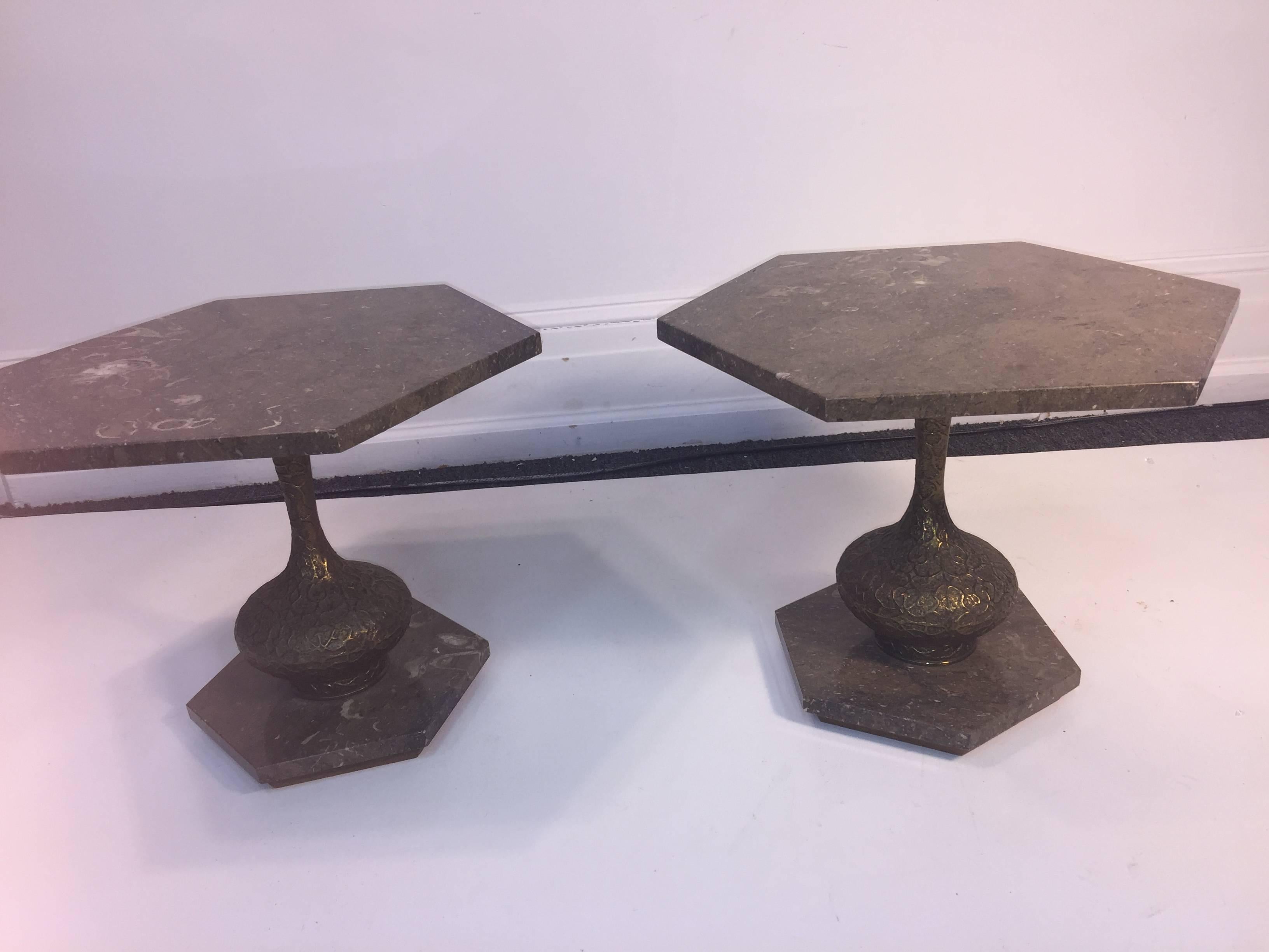 Mid-Century Modern Italian Pair of Marble and Brutalist Metal Side Tables 5