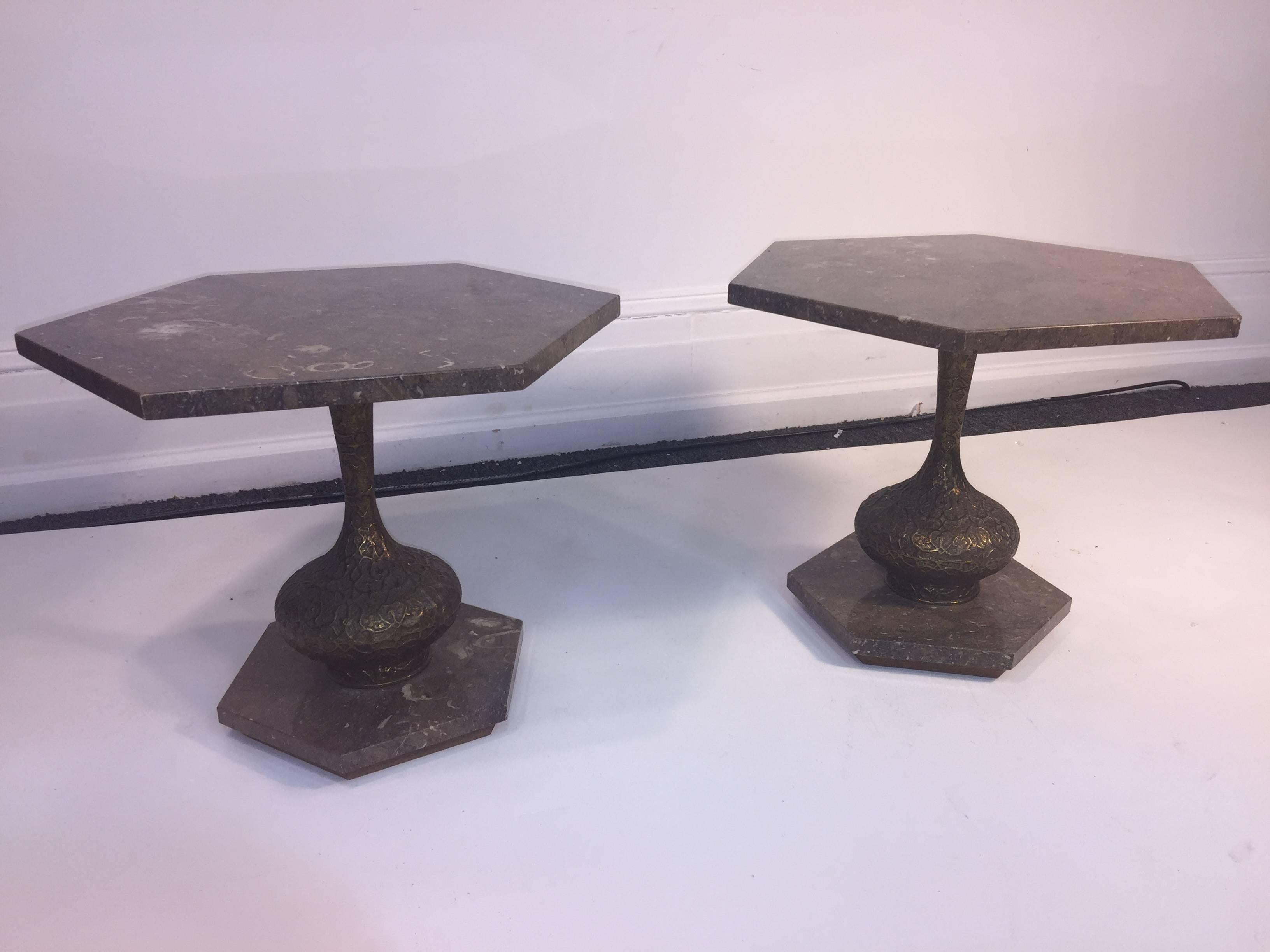 Mid-Century Modern Italian Pair of Marble and Brutalist Metal Side Tables 6