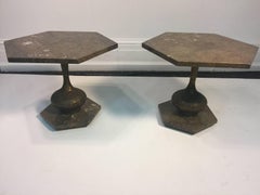 Mid-Century Modern Italian Pair of Marble and Brutalist Metal Side Tables
