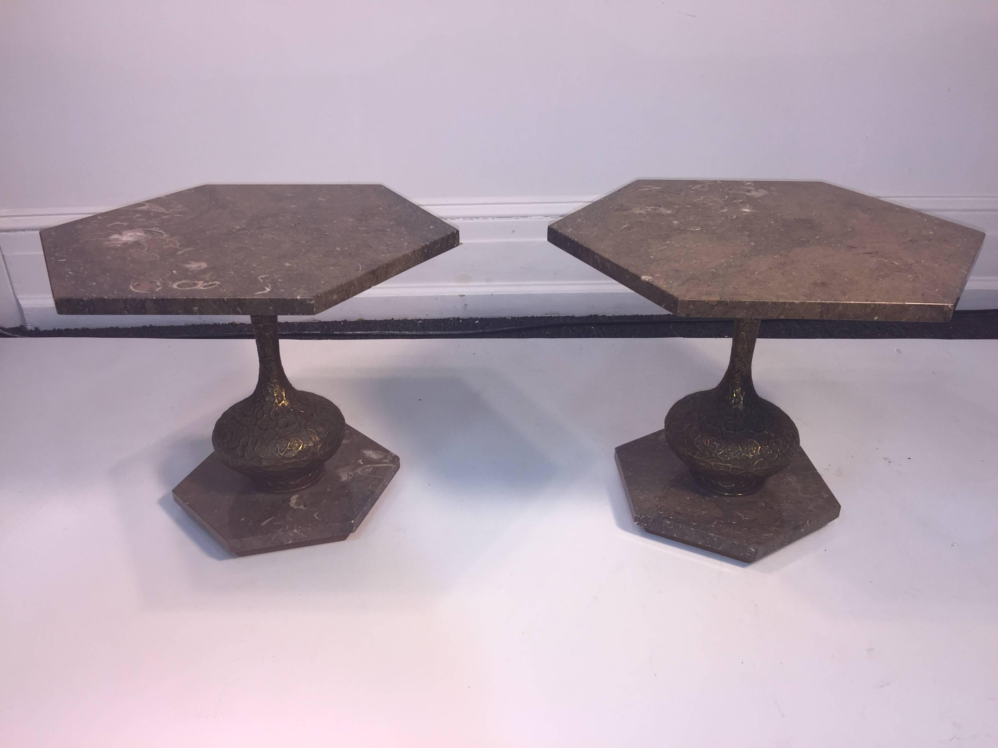 Gilt Mid-Century Modern Italian Pair of Marble and Brutalist Metal Side Tables