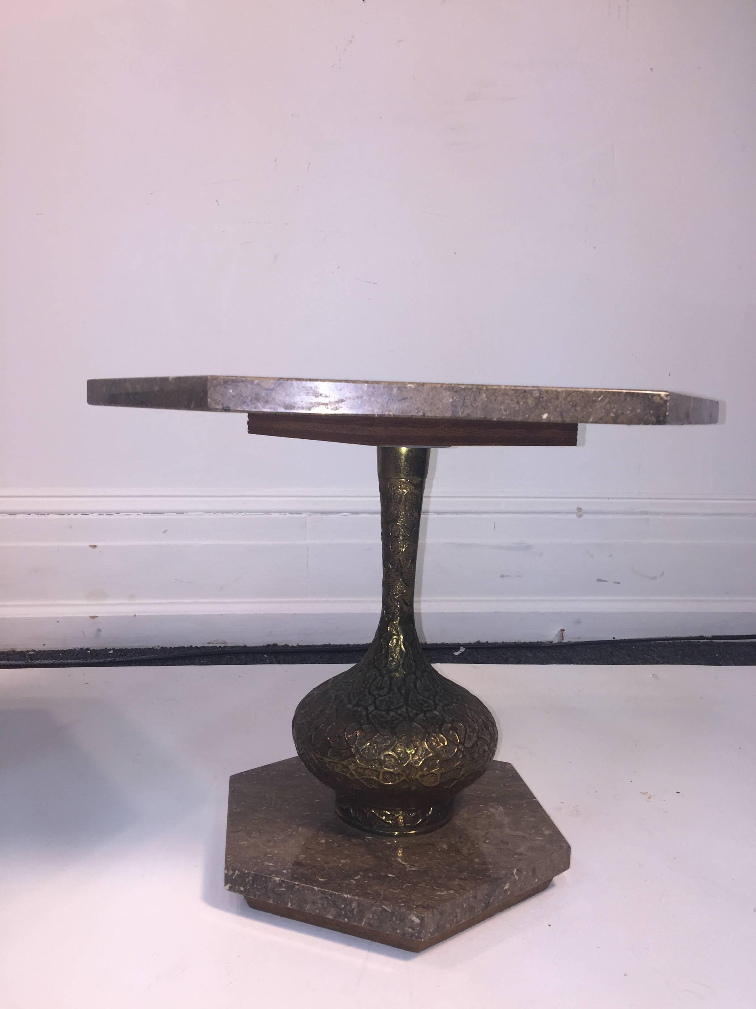 Mid-Century Modern Italian Pair of Marble and Brutalist Metal Side Tables In Excellent Condition In Allentown, PA