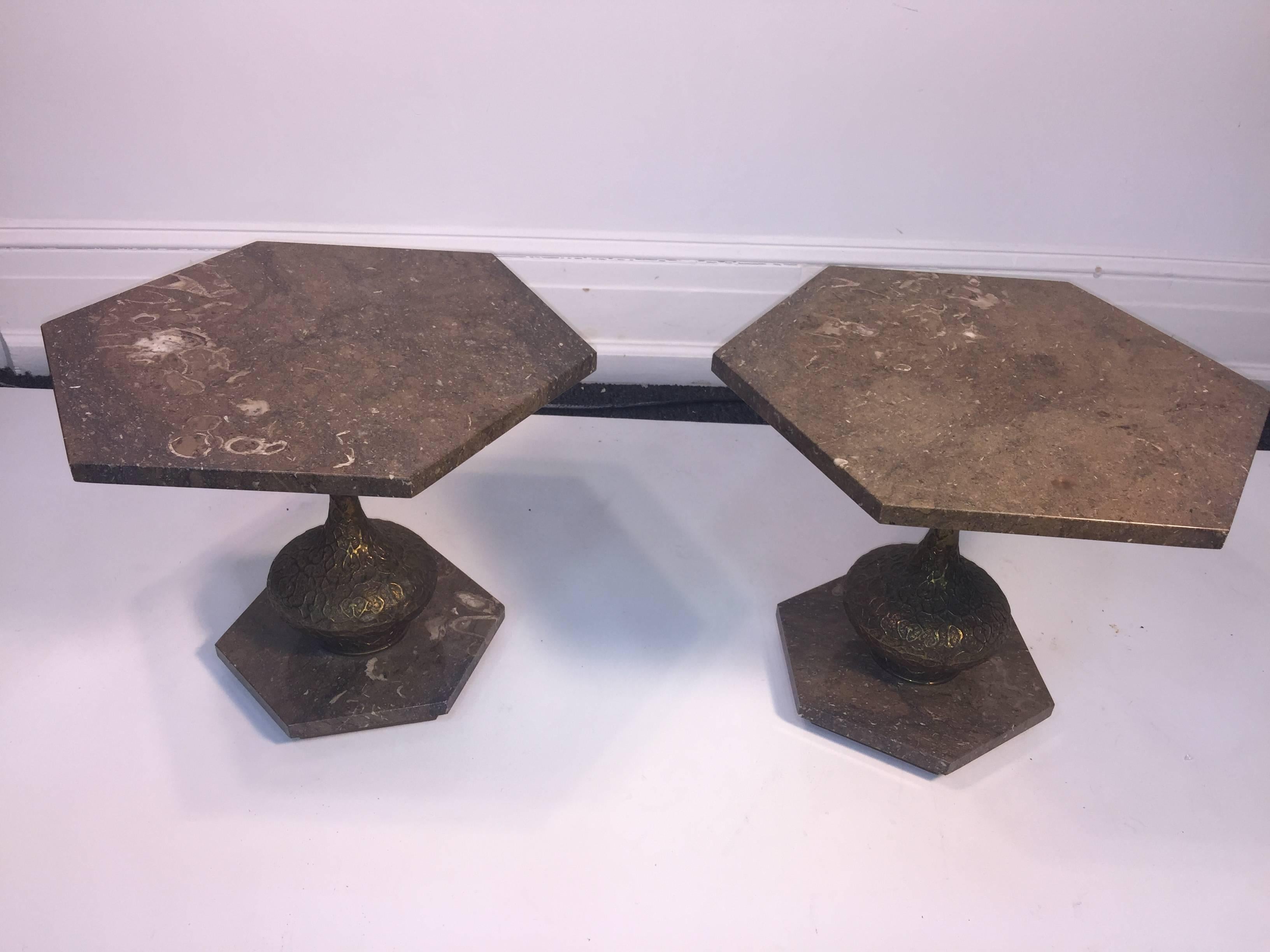 Mid-Century Modern Italian Pair of Marble and Brutalist Metal Side Tables 4