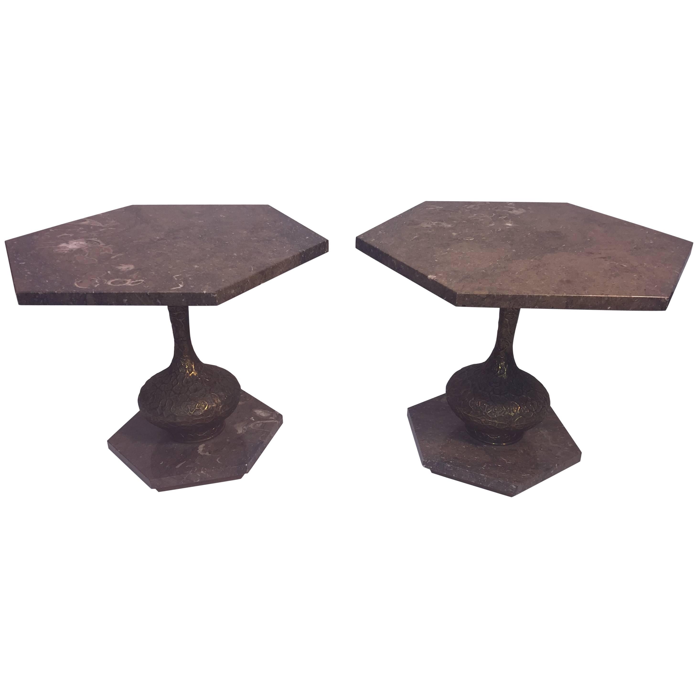 Mid-Century Modern Italian Pair of Marble and Brutalist Metal Side Tables