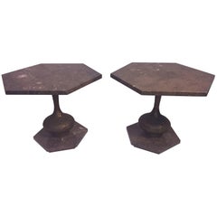 Mid-Century Modern Italian Pair of Marble and Brutalist Metal Side Tables Mid-Century Modern Italian Pair of Marble and Brutalist Metal Side Tables