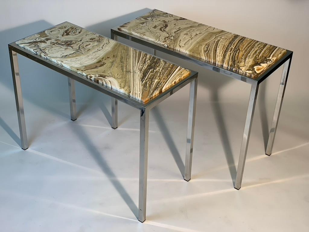 Late 20th Century Mid-Century Modern Italian Pair of Onix Stone Tops and Chrome Metal Structures