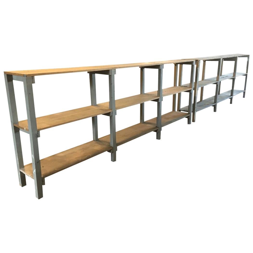 Mid-Century Modern Italian Pair of Spruce Painted Wood Industrial Shelving Units For Sale