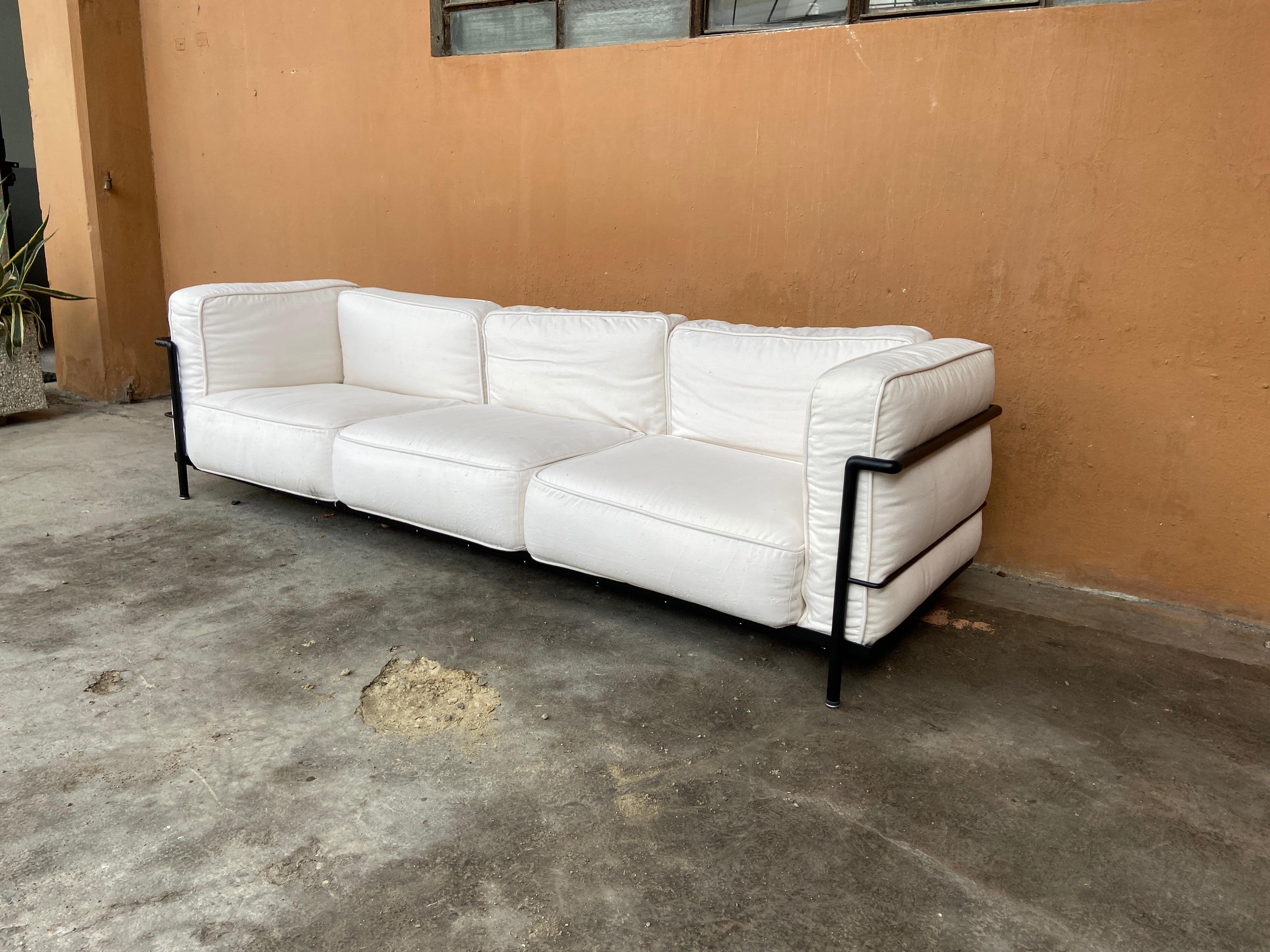 Iron Mid-Century Modern Italian Pair of Triple-Seat Sofas in Le Corbusier LC3 Style