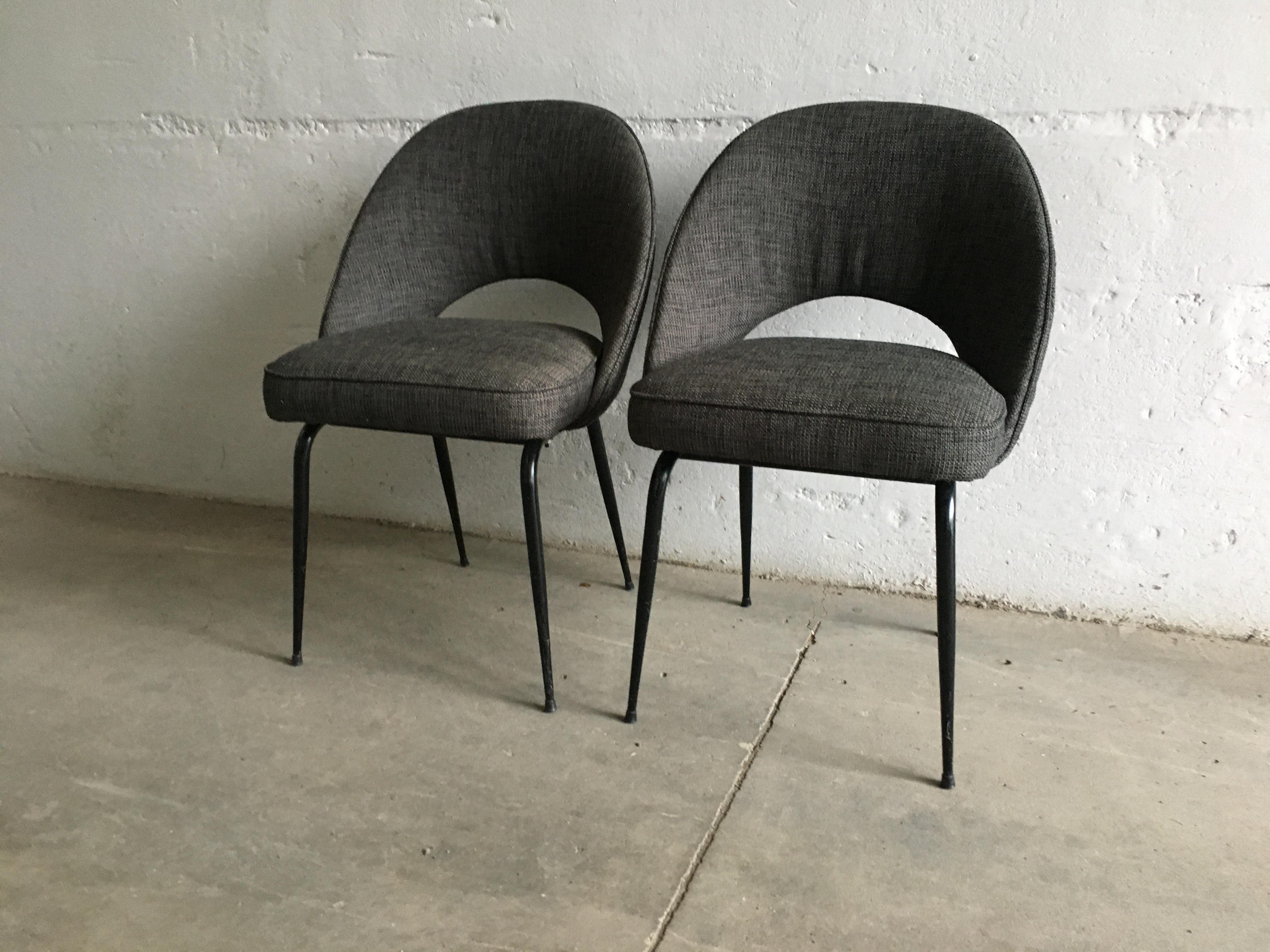 Mid-Century Modern Italian pair of upholstered chairs with black iron legs, 1960s.