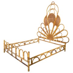 Vintage Mid-Century Modern Italian Peacock Queen Size Wicker and Bamboo Bed, 1970s