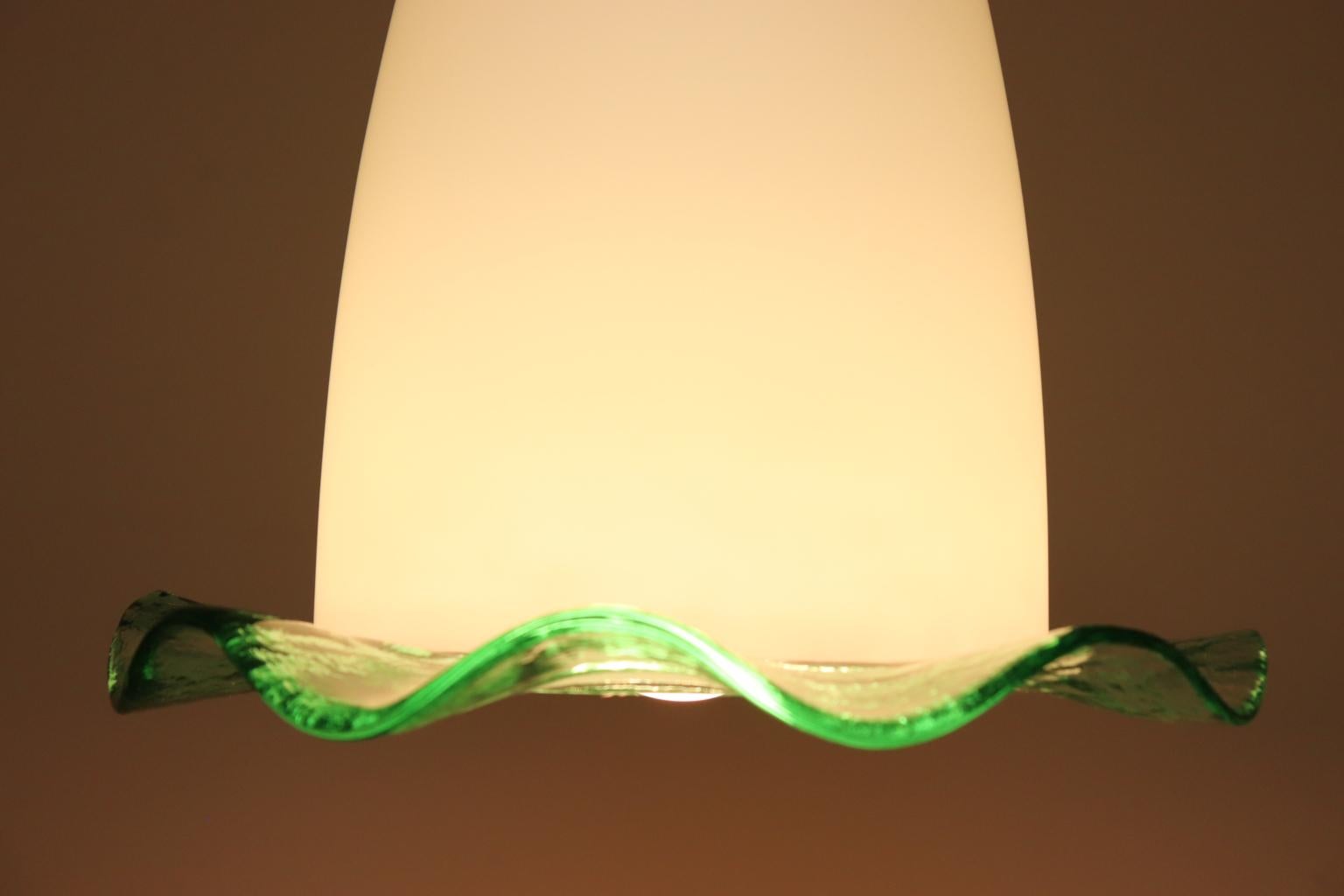 Mid-Century Modern Pendand Lamp Blown Murano Glass White with Green Detail For Sale 4