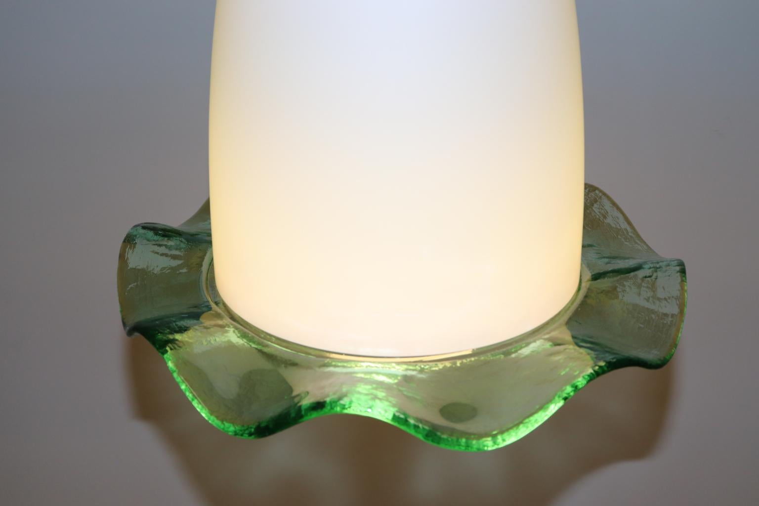 Mid-Century Modern Pendand Lamp Blown Murano Glass White with Green Detail For Sale 5