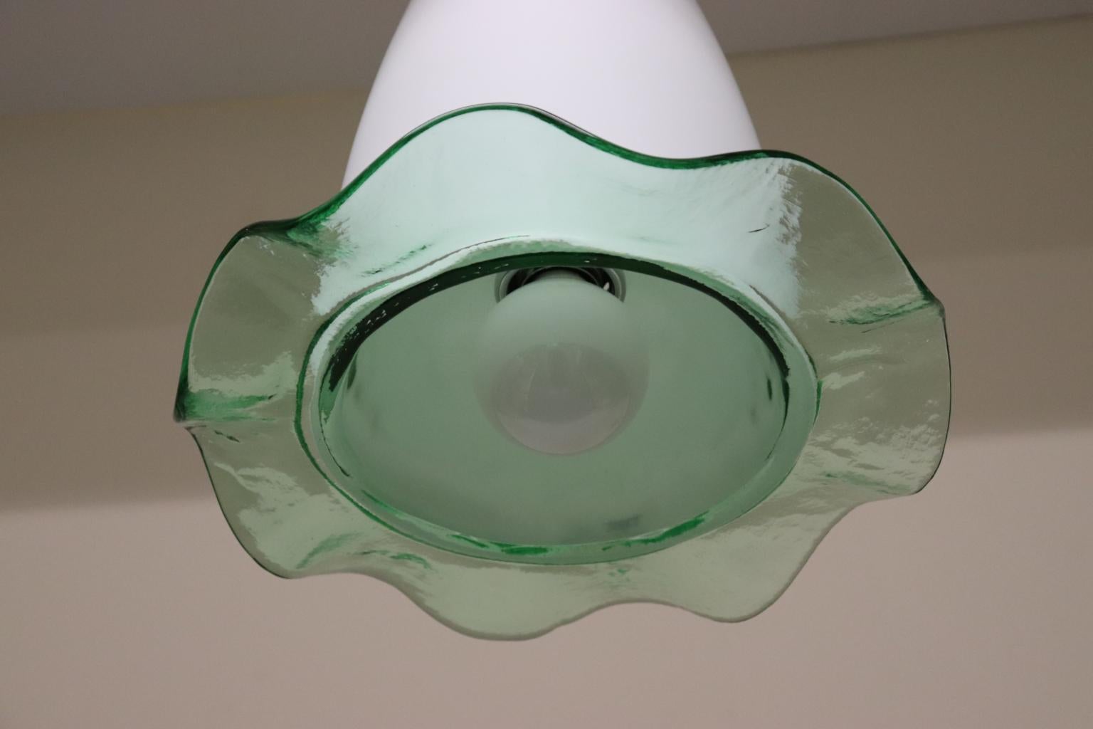 Mid-Century Modern Pendand Lamp Blown Murano Glass White with Green Detail For Sale 6