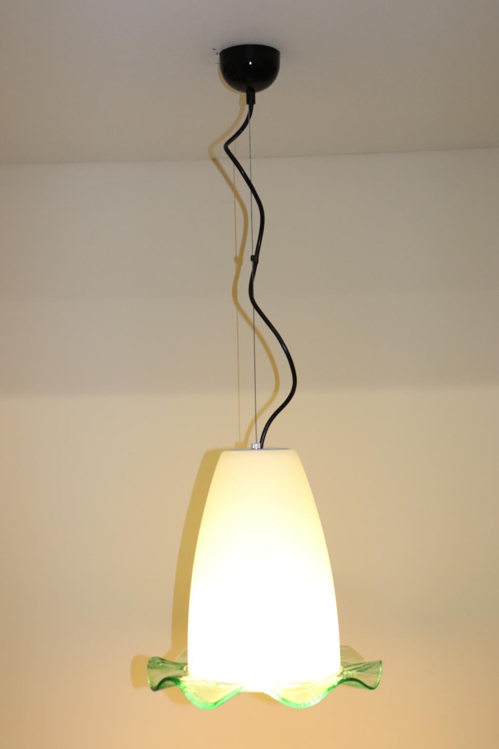 Hand-Crafted Mid-Century Modern Pendand Lamp Blown Murano Glass White with Green Detail For Sale