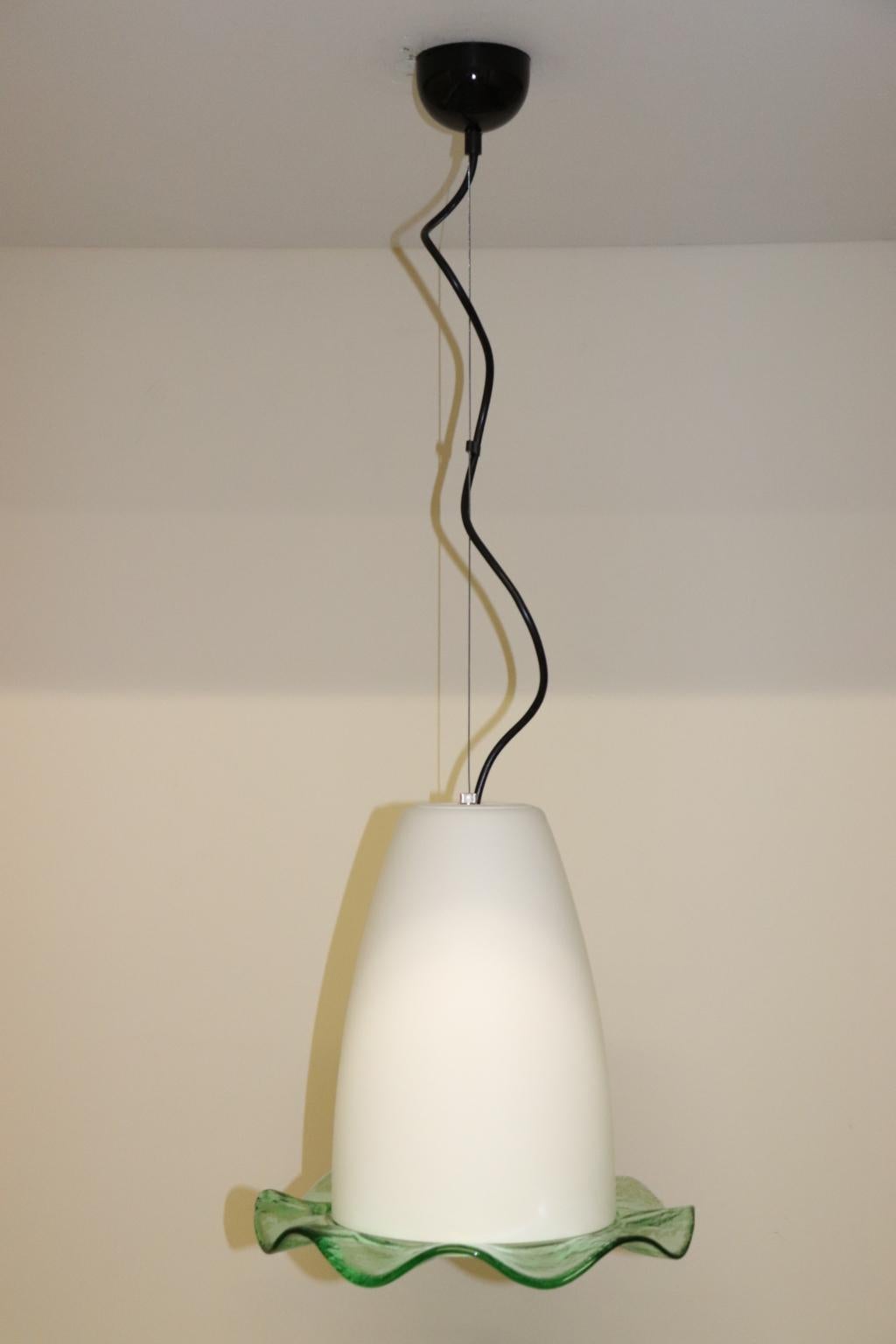 Mid-Century Modern Pendand Lamp Blown Murano Glass White with Green Detail In Excellent Condition For Sale In Saddle Brook , NJ