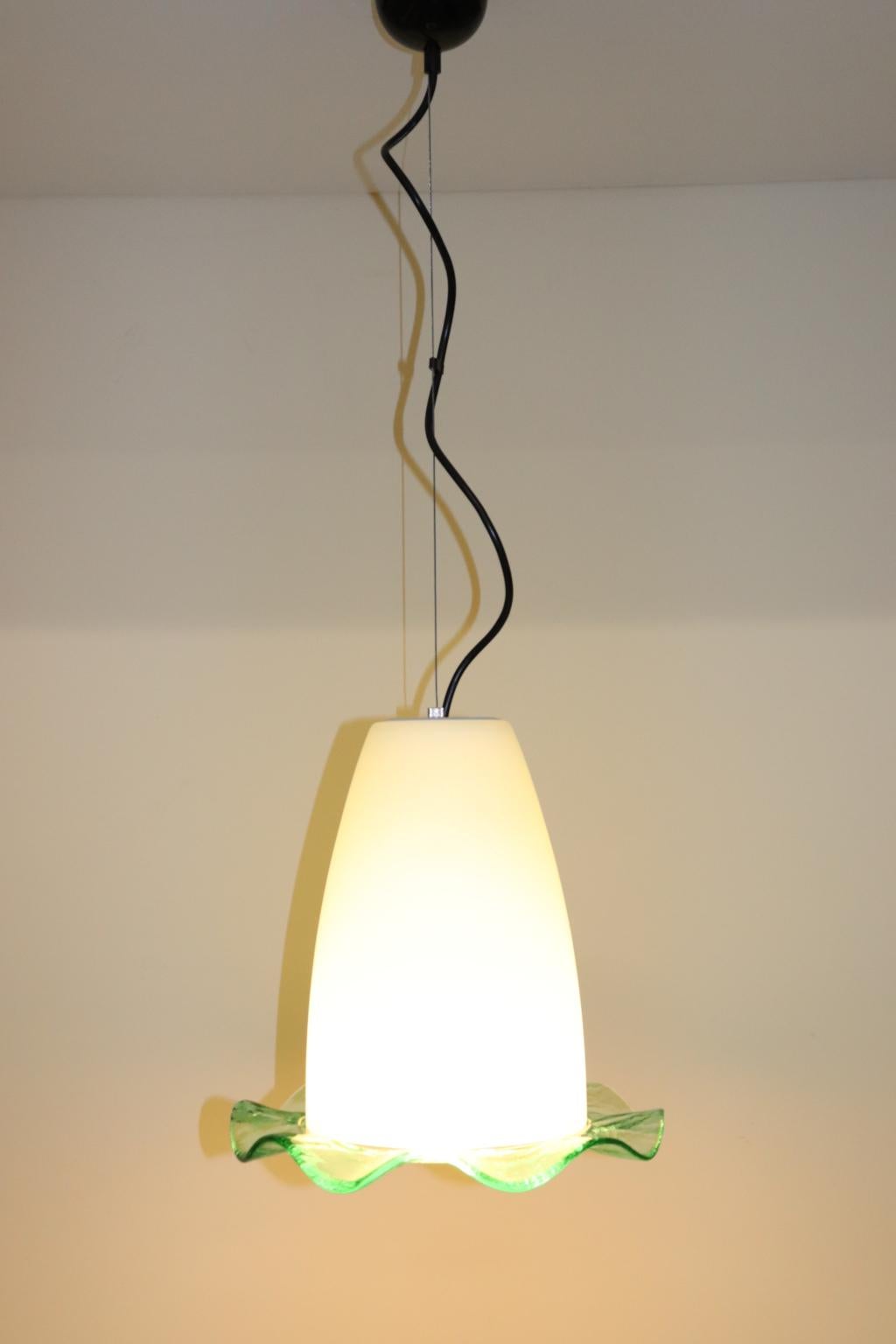 Late 20th Century Mid-Century Modern Pendand Lamp Blown Murano Glass White with Green Detail For Sale