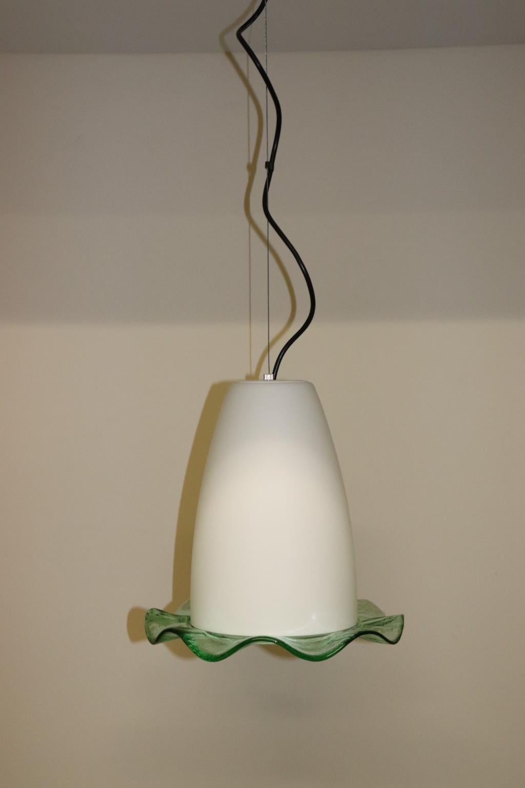 Mid-Century Modern Pendand Lamp Blown Murano Glass White with Green Detail For Sale 1