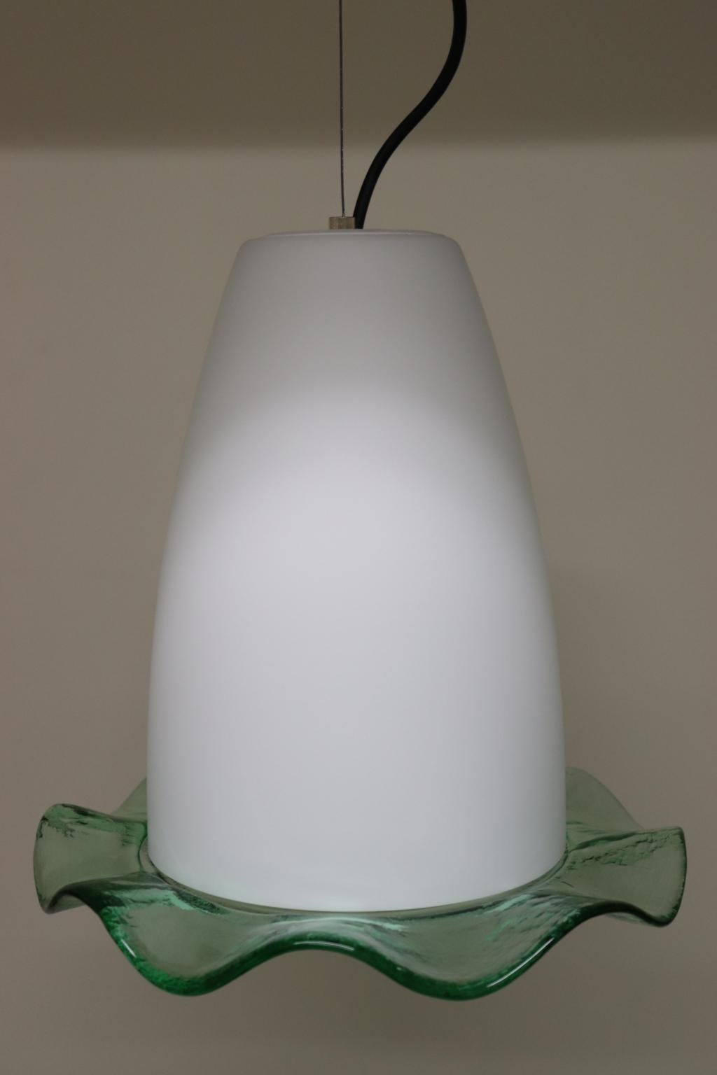 Mid-Century Modern Pendand Lamp Blown Murano Glass White with Green Detail For Sale 3