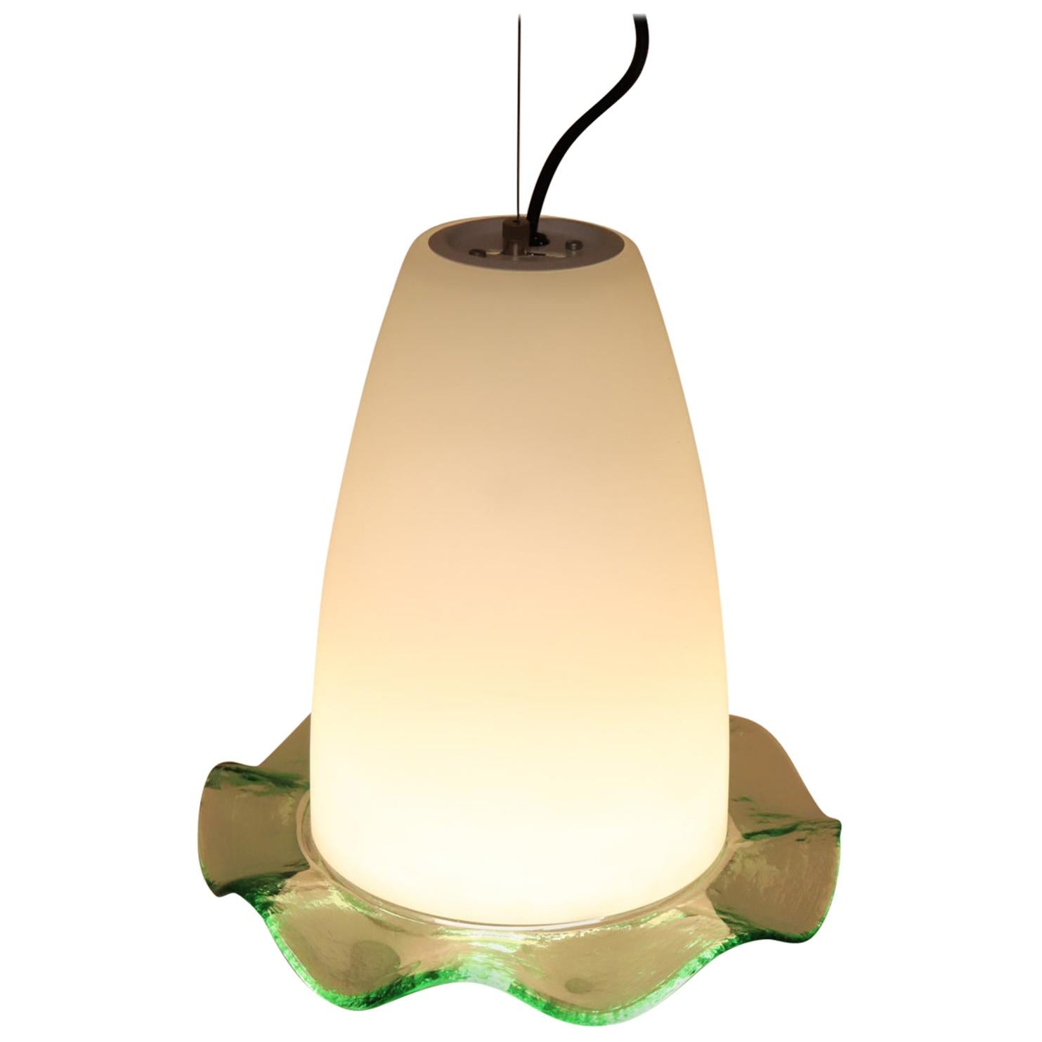 Mid-Century Modern Pendand Lamp Blown Murano Glass White with Green Detail For Sale