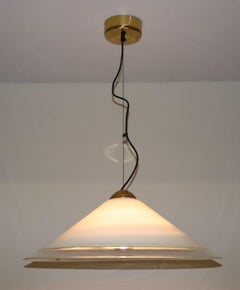 Mid-Century Modern Italian Pendant Light Murano Blown White Glass Crystal Border