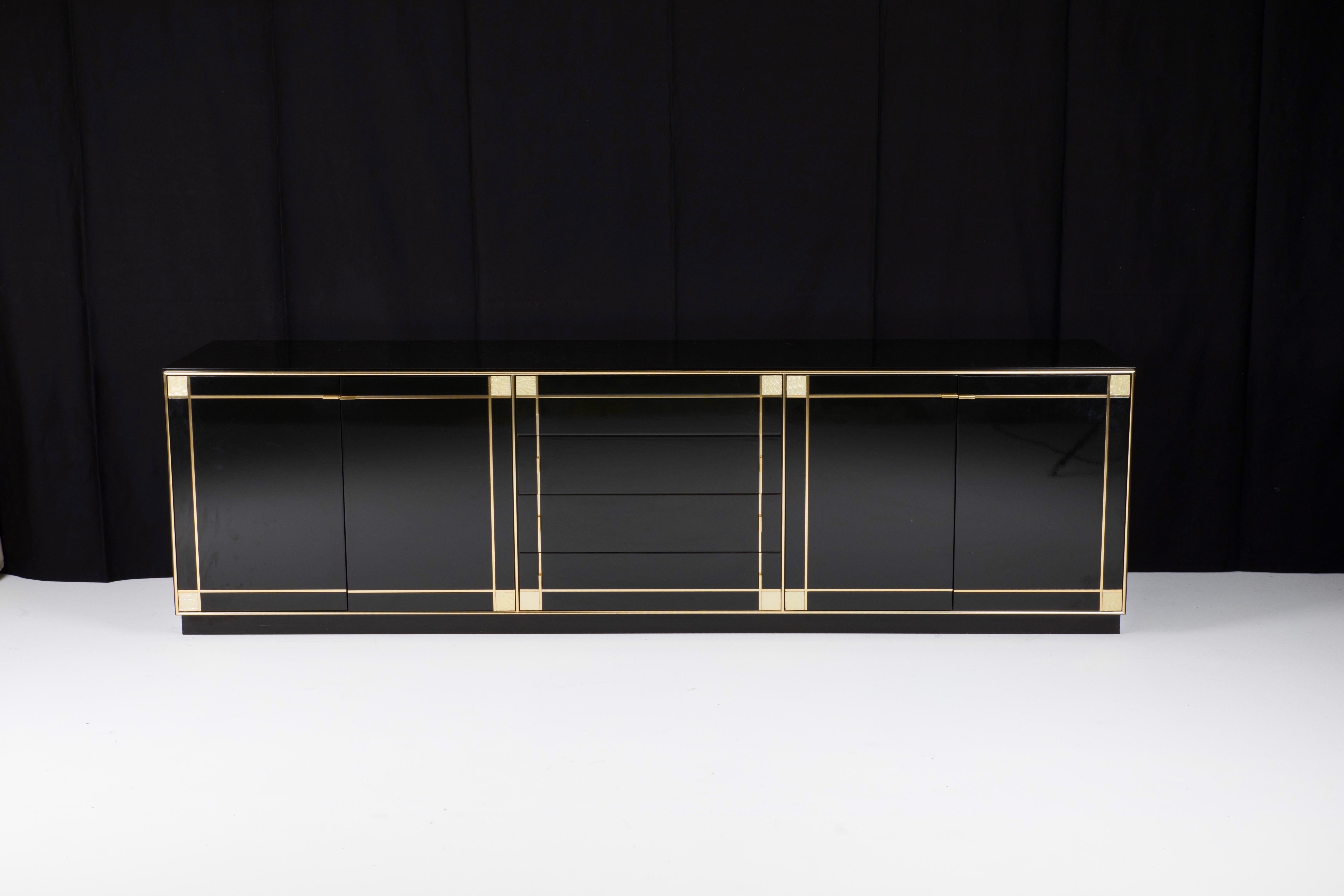 Mid-Century Modern Italian Pierre Cardin black lacquered cupboard with mother of pearl and brass details for Roche Bobois, 1970s.