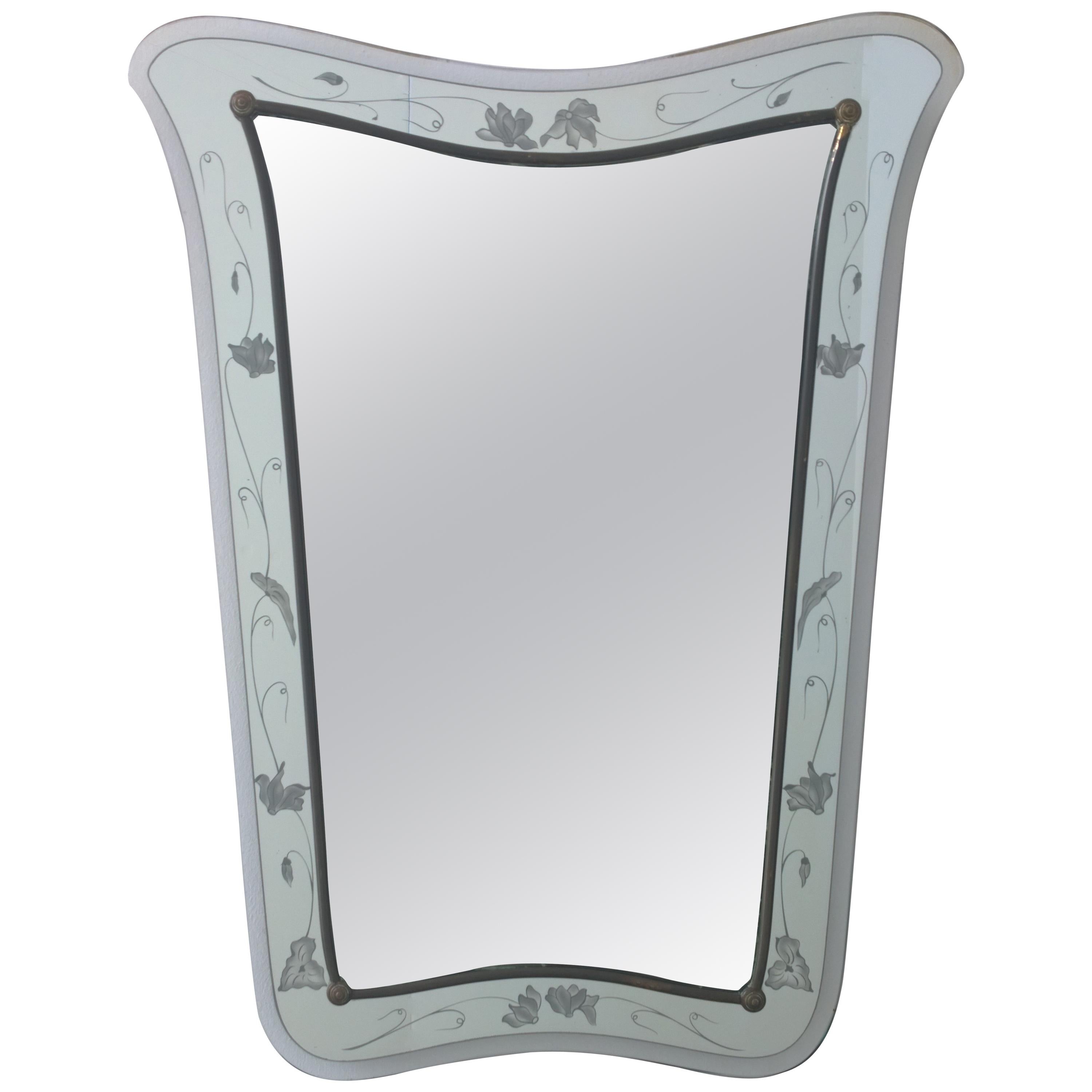 Mid-Century Modern Italian Pietra Cheisa Fontana Arte Style Etched Glass Mirror