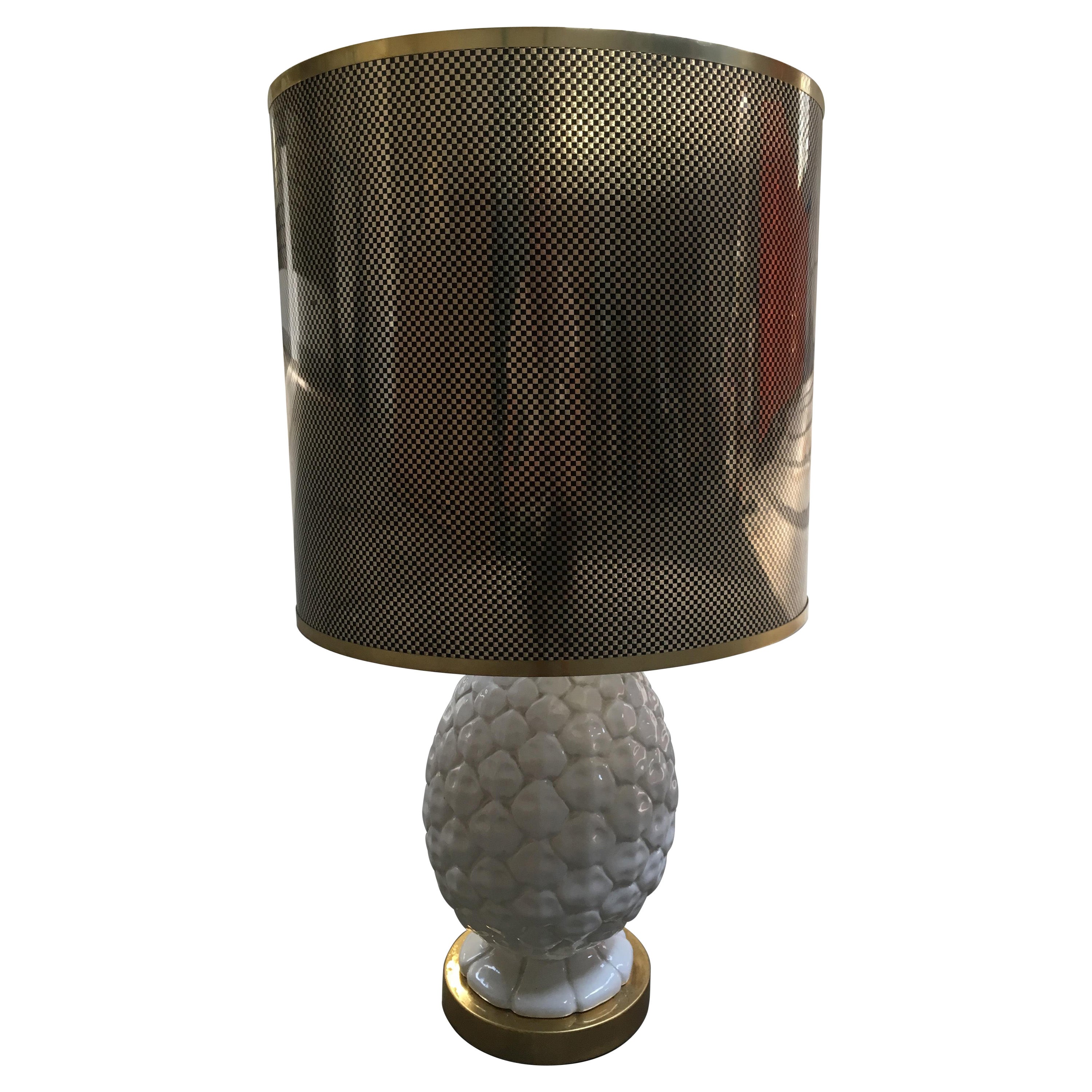 Mid-Century Modern Italian Pineapple Ceramic Table Lamp with Lampshade, 1970s