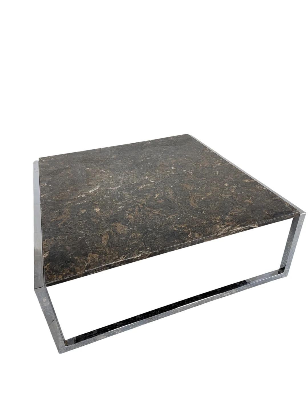 Mid Century Modern Italian Polished Granite Chrome Sled Base Square Coffee Table In Good Condition For Sale In Chicago, IL