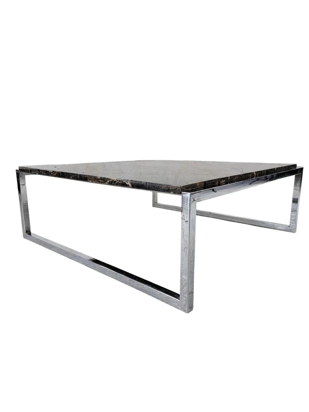 20th Century Mid Century Modern Italian Polished Granite Chrome Sled Base Square Coffee Table For Sale