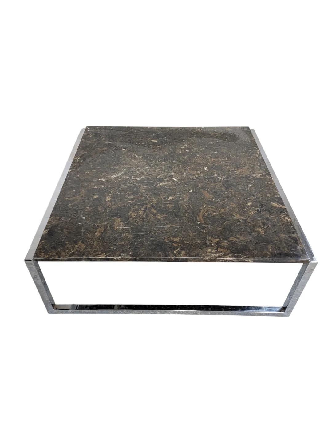 Mid Century Modern Italian Polished Granite Chrome Sled Base Square Coffee Table For Sale 1