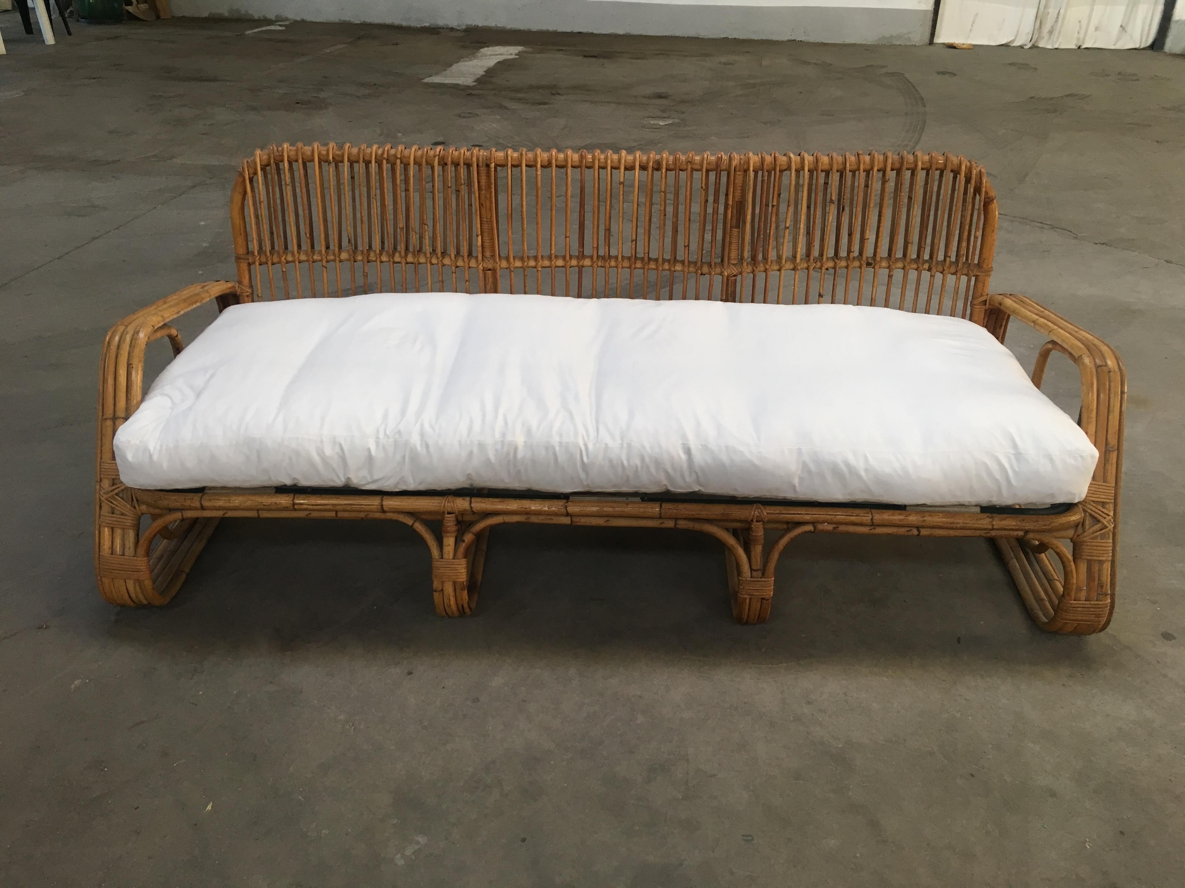 Mid-Century Modern Italian three-seat bamboo sofa, 1960s.
The cushion has been made brand new on size for this sofa.
