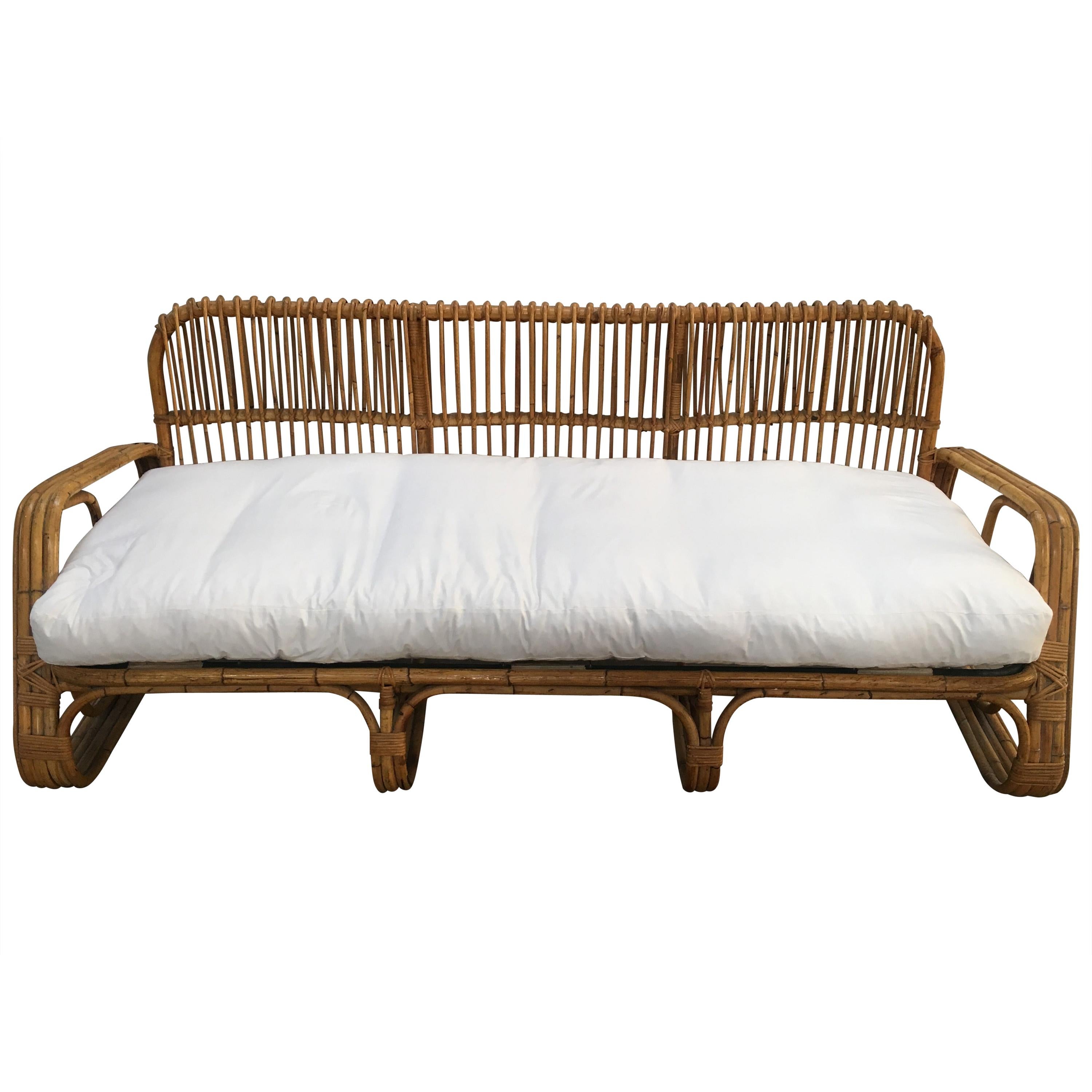 Mid-Century Modern Italian Pretzel Bamboo Sofa with White Fabric Cushion, 1960s