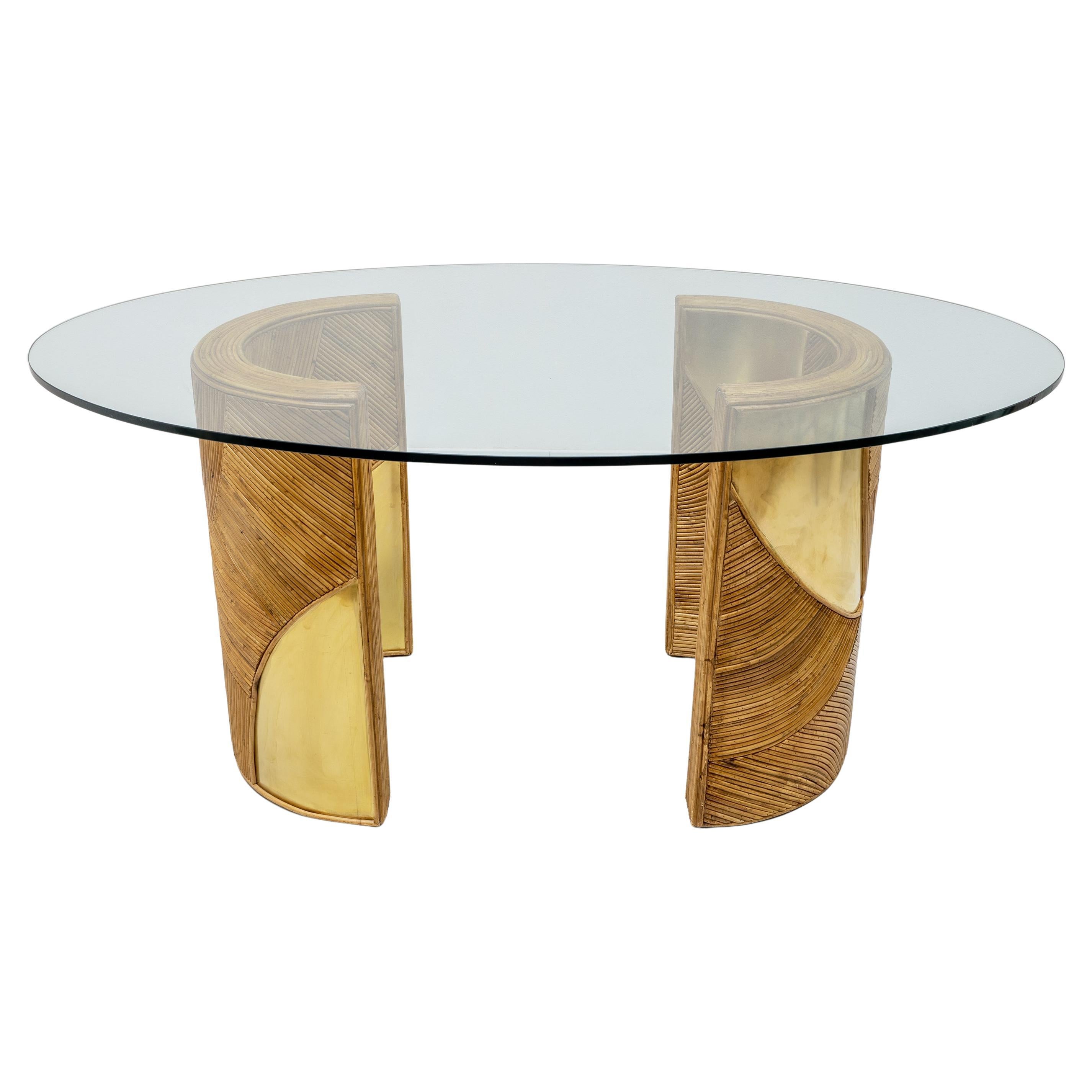 Mid-Century Modern Italian Rattan and Brass Dining Table by Vivai del Sud, 70s For Sale