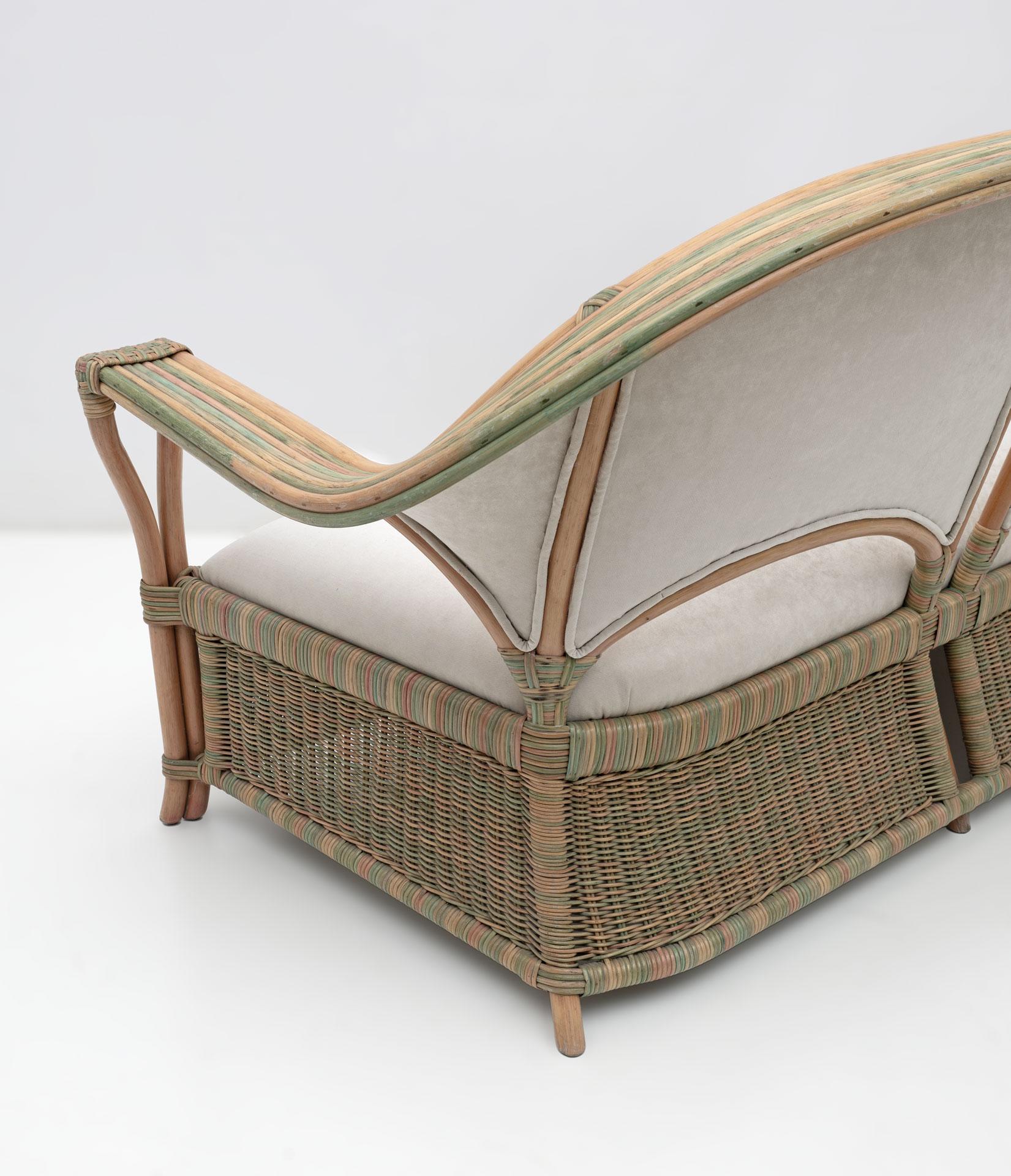 Late 20th Century Mid-century Modern Italian Rattan and Wicker Two Armchairs and Sofa, 1970s For Sale