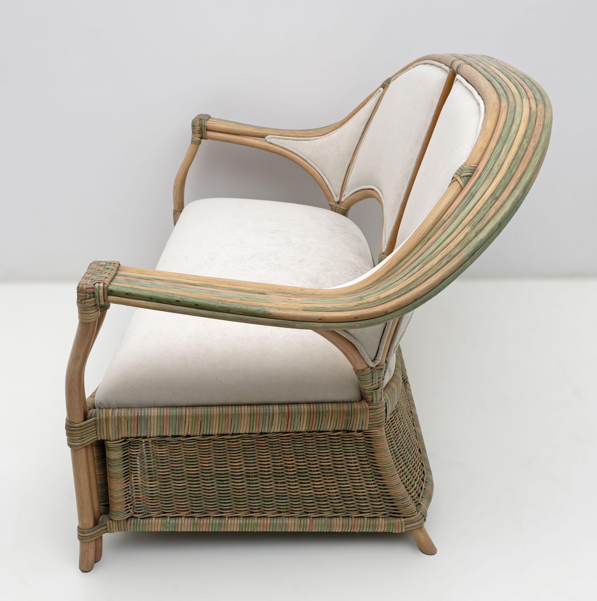Fabric Mid-century Modern Italian Rattan and Wicker Two Armchairs and Sofa, 1970s For Sale