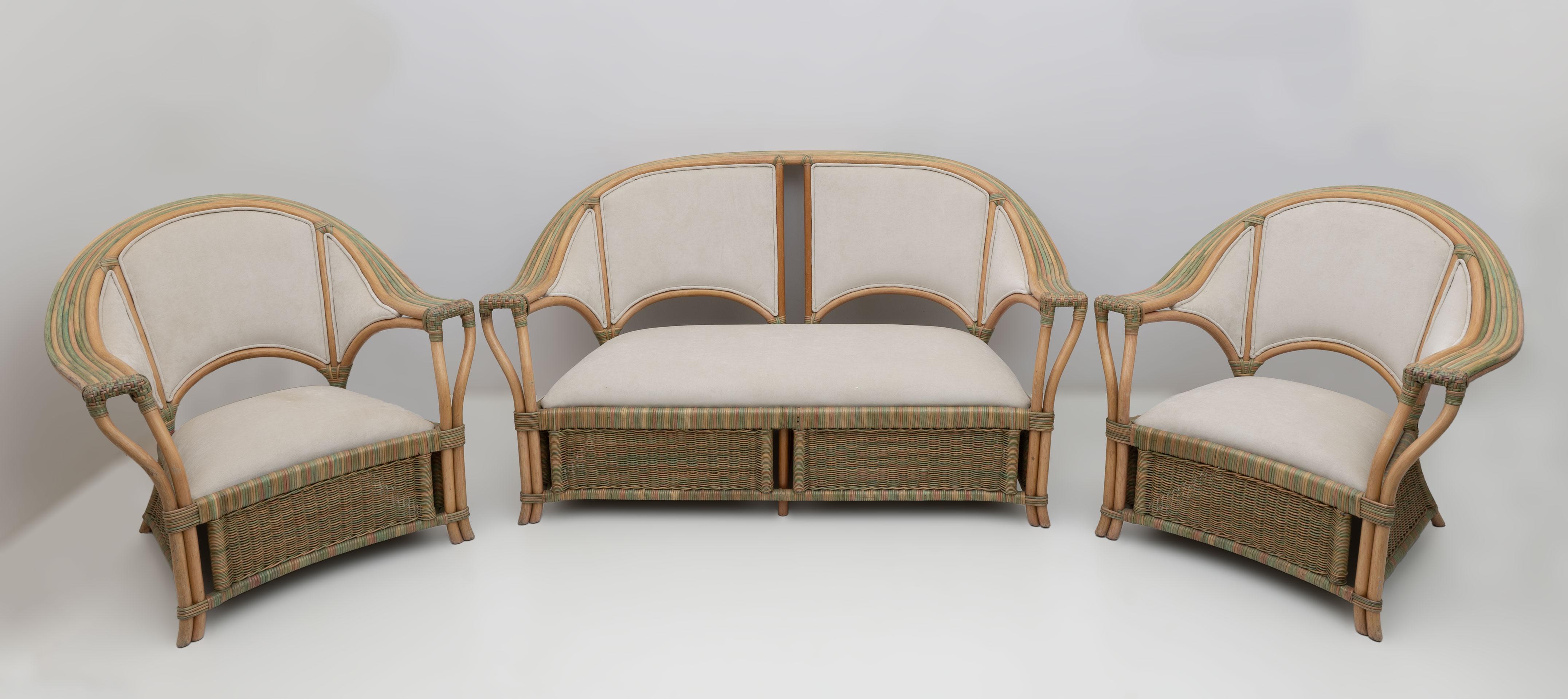 Moderne italienische Sessel und Sofa aus Rattan und Korbweide aus der Mitte des Jahrhunderts, 1970er Jahre (Stoff) im Angebot