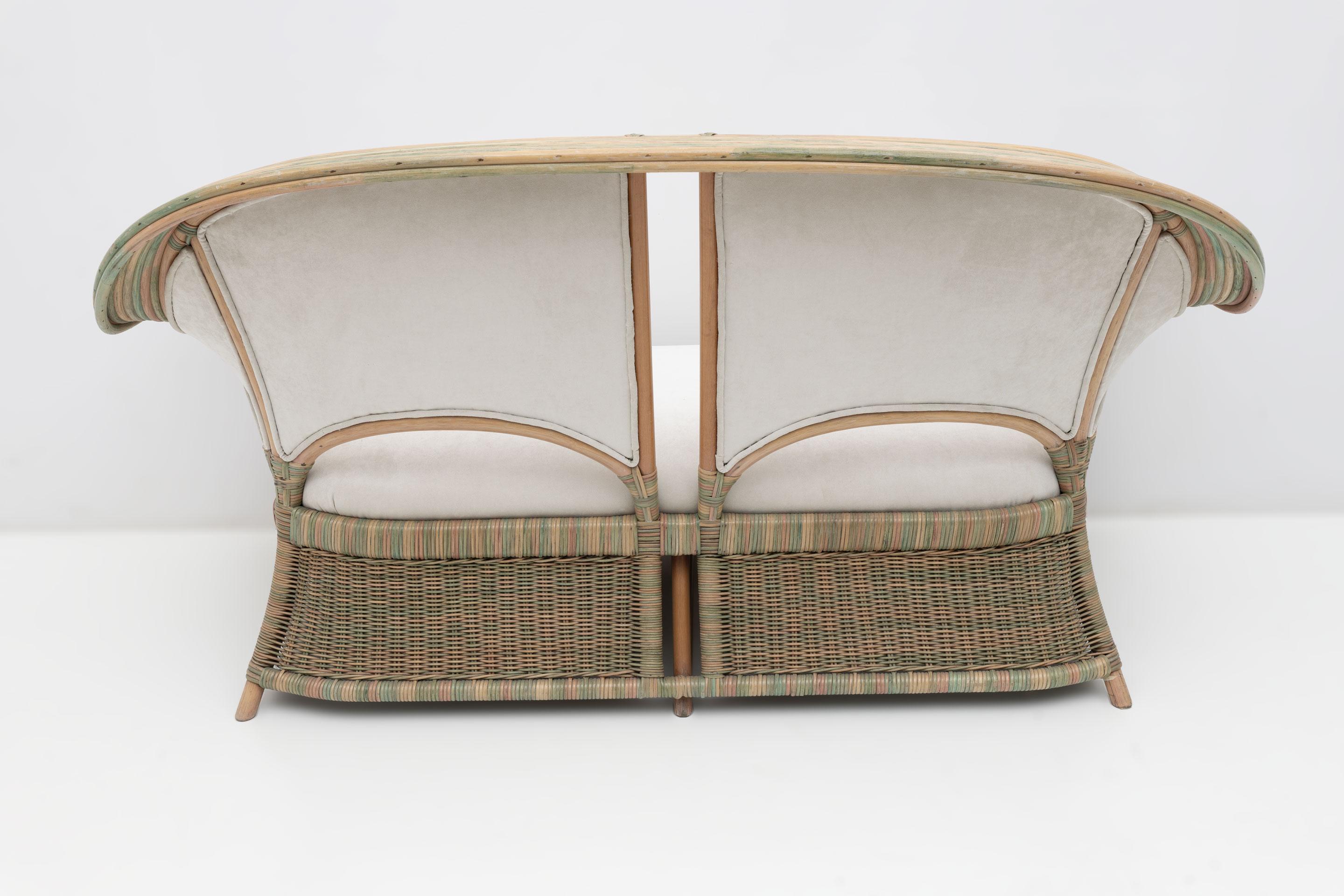 Mid-century Modern Italian Rattan and Wicker Two Armchairs and Sofa, 1970s For Sale 3