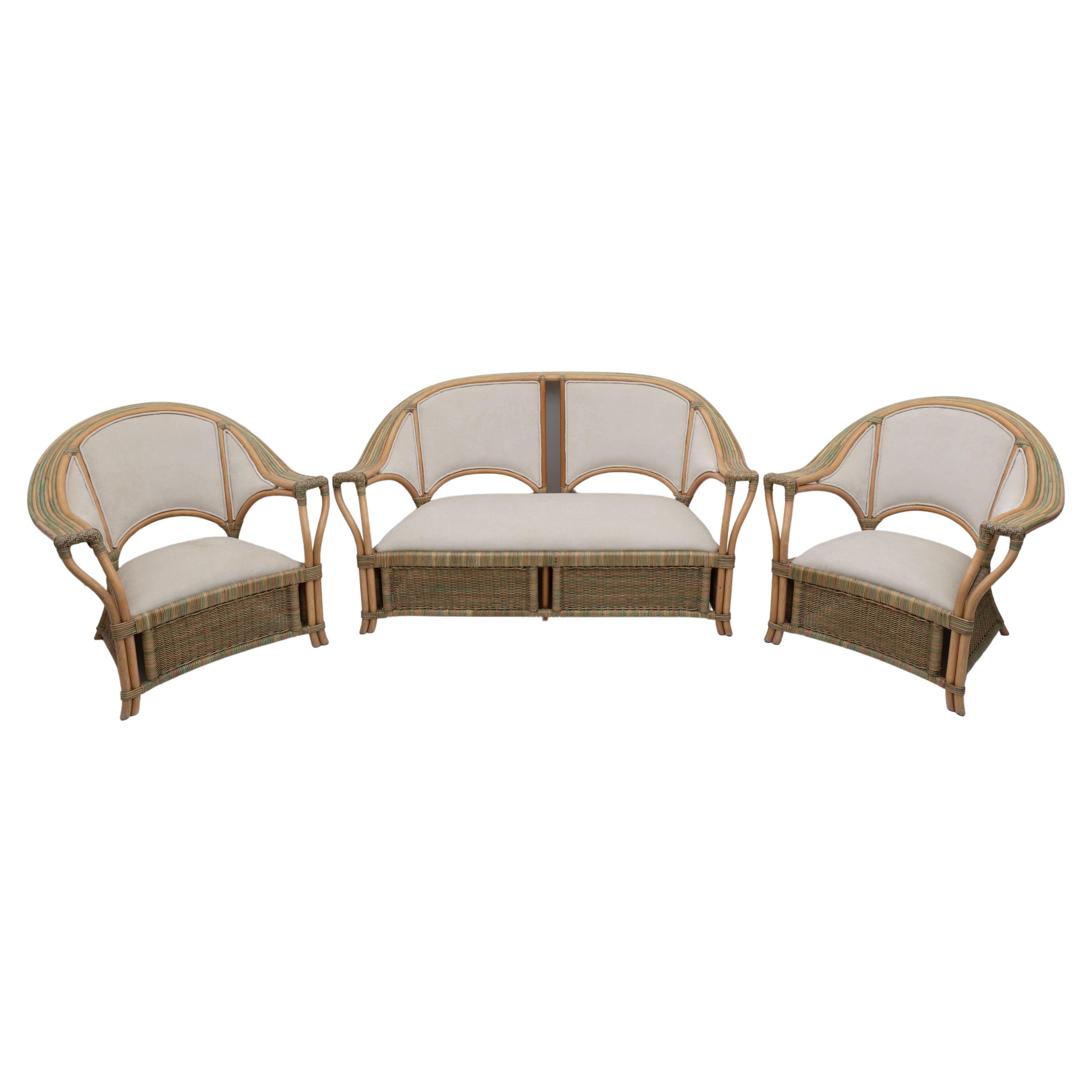Mid-century Modern Italian Rattan and Wicker Two Armchairs and Sofa, 1970s For Sale