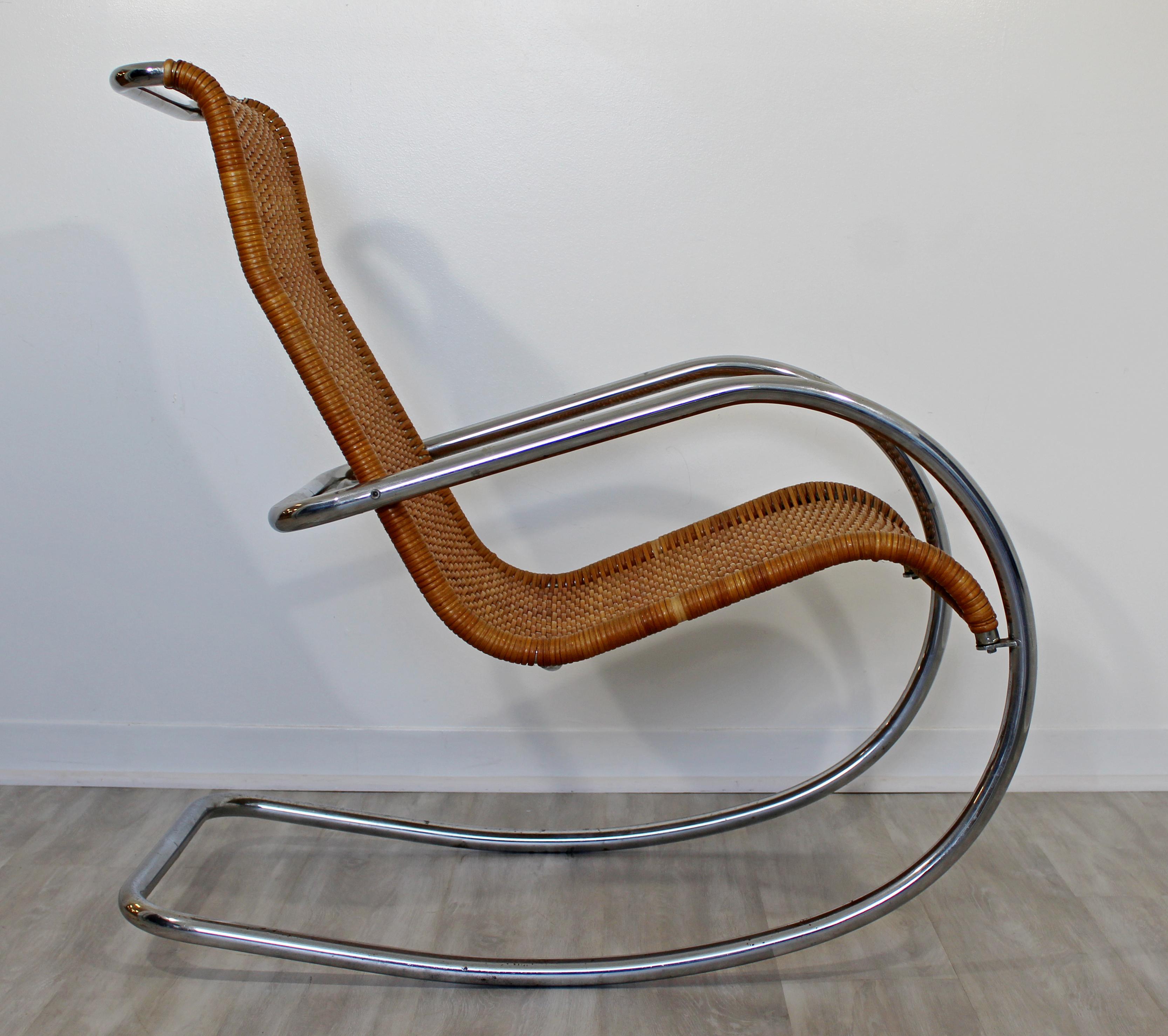 Mid-Century Modern Italian Rattan Tubular Chrome Rocker Rocking Chair, Italy 1