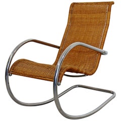 Vintage Mid-Century Modern Italian Rattan Tubular Chrome Rocker Rocking Chair, Italy