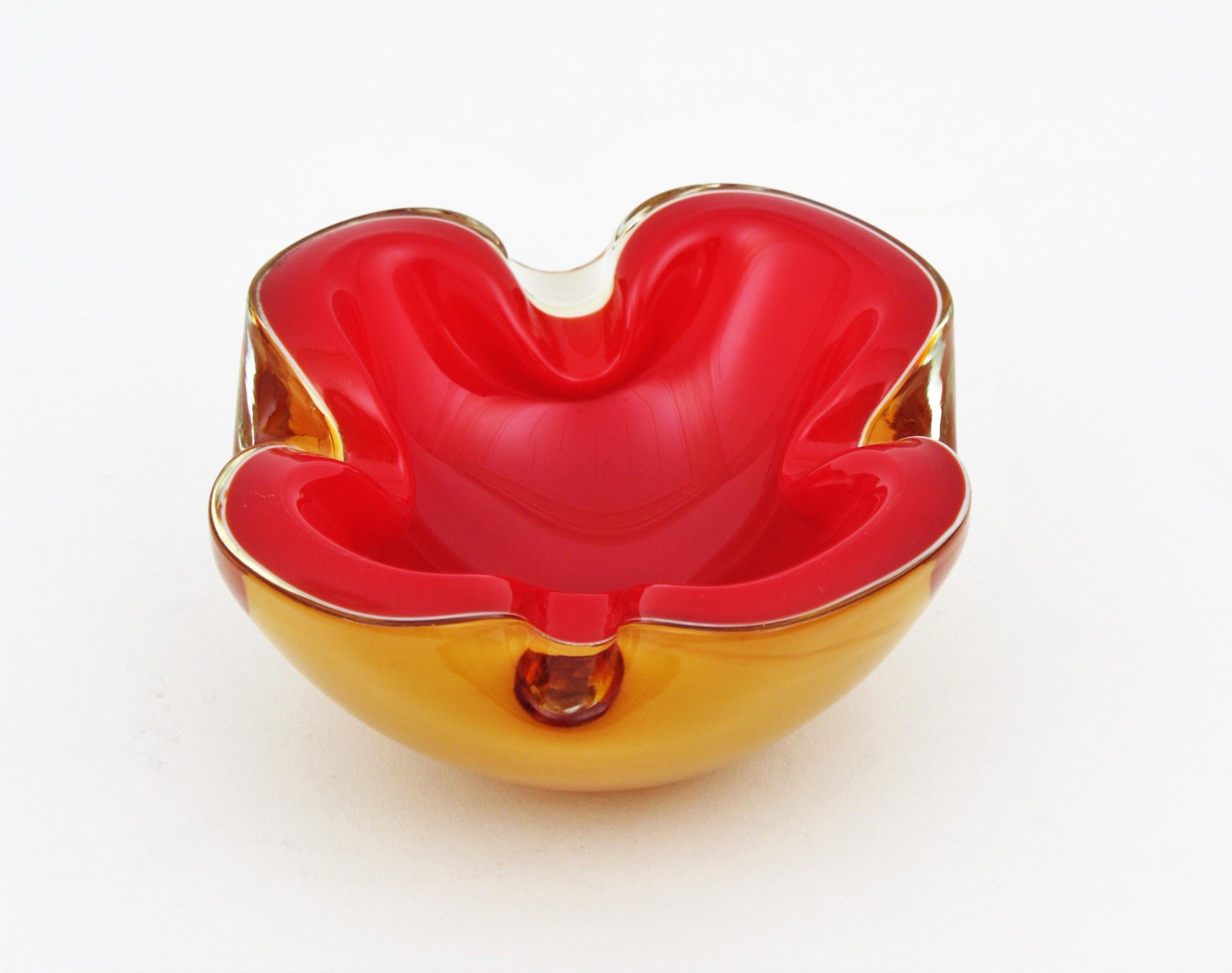 20th Century Mid-Century Modern Italian Red and Amber Sommerso Murano Glass Bowl or Ashtray