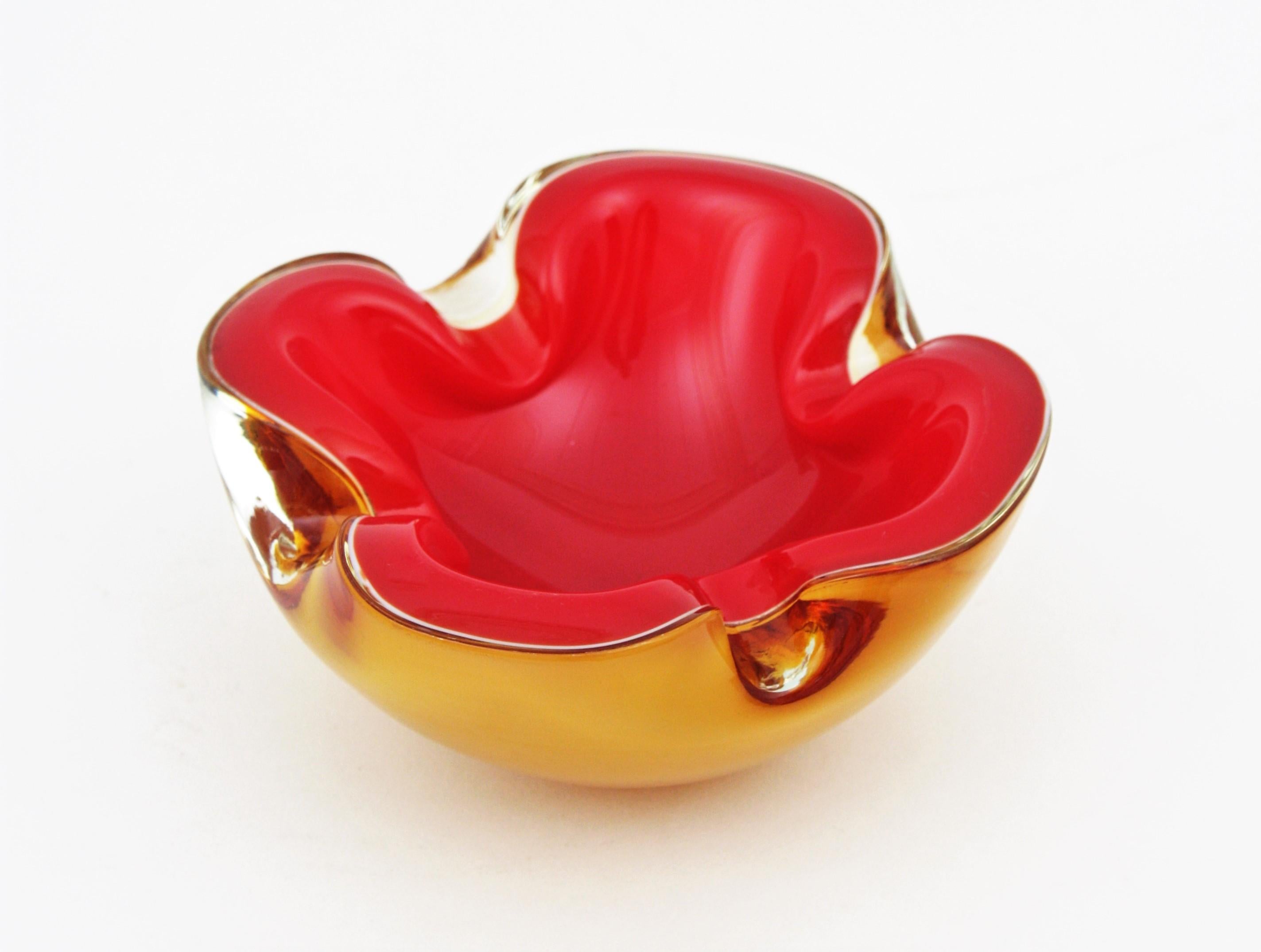 Mid-Century Modern Italian Red and Amber Sommerso Murano Glass Bowl or Ashtray 1