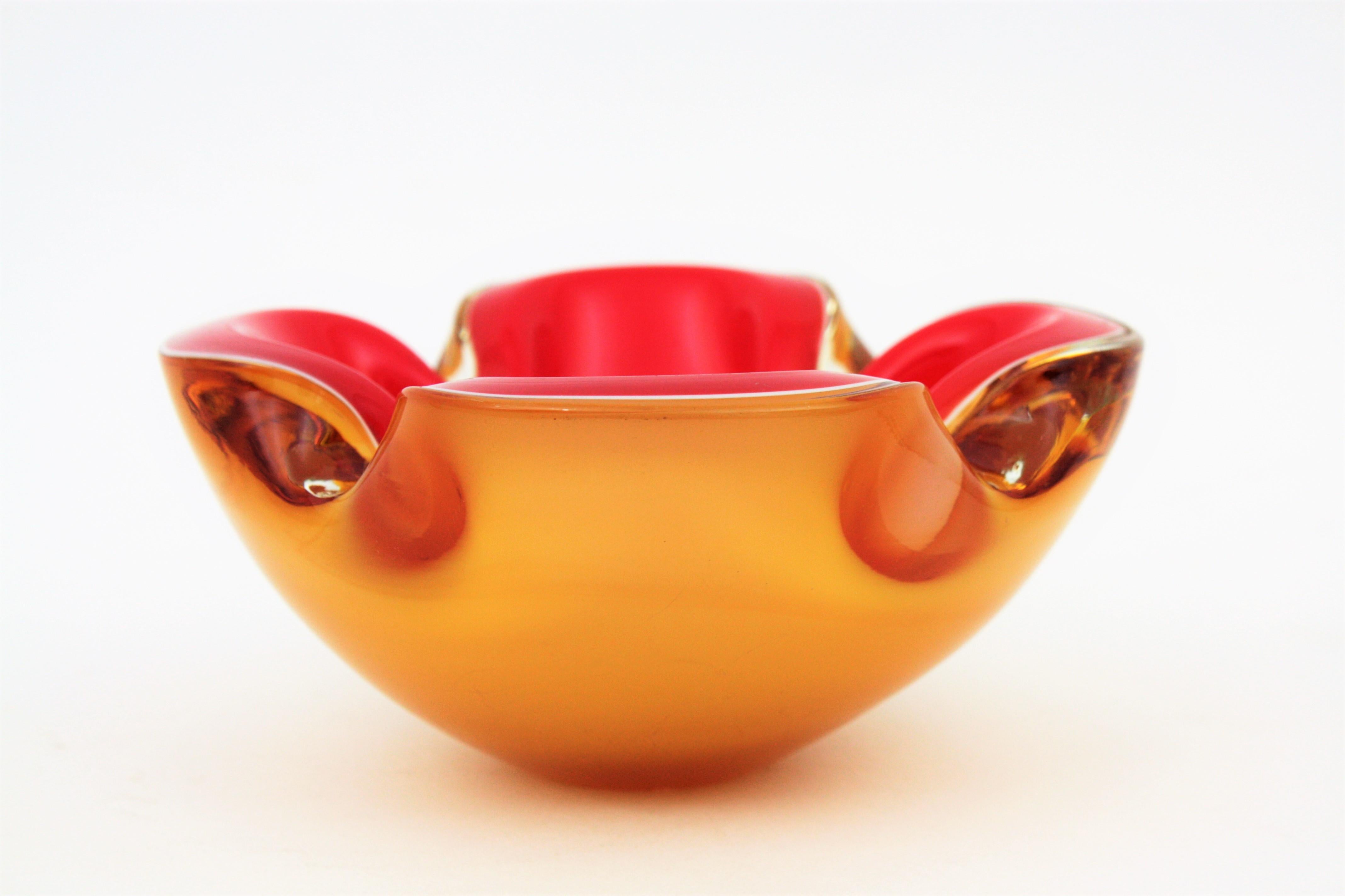 Mid-Century Modern Italian Red and Amber Sommerso Murano Glass Bowl or Ashtray 2