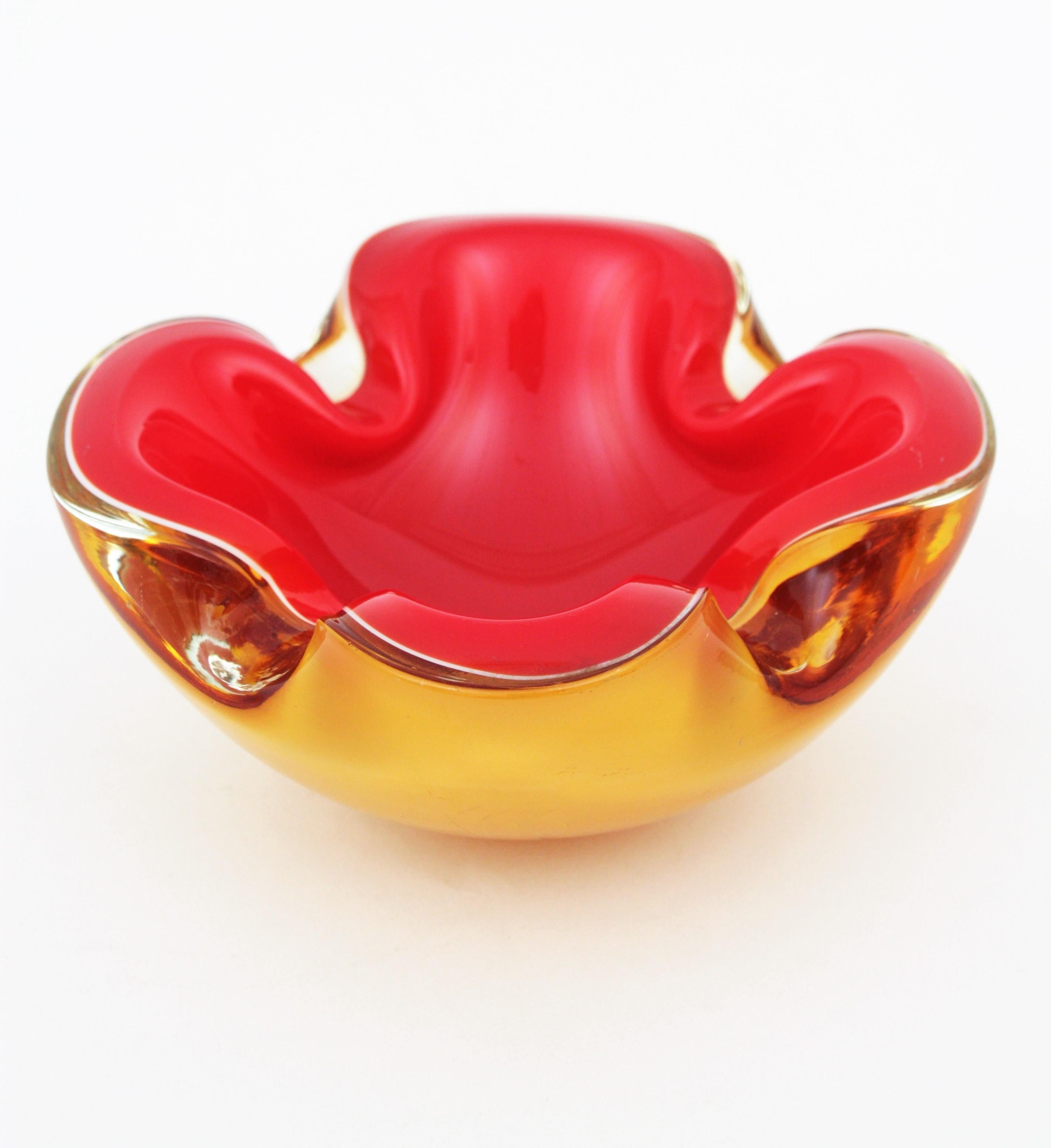 Mid-Century Modern Italian Red and Amber Sommerso Murano Glass Bowl or Ashtray 4