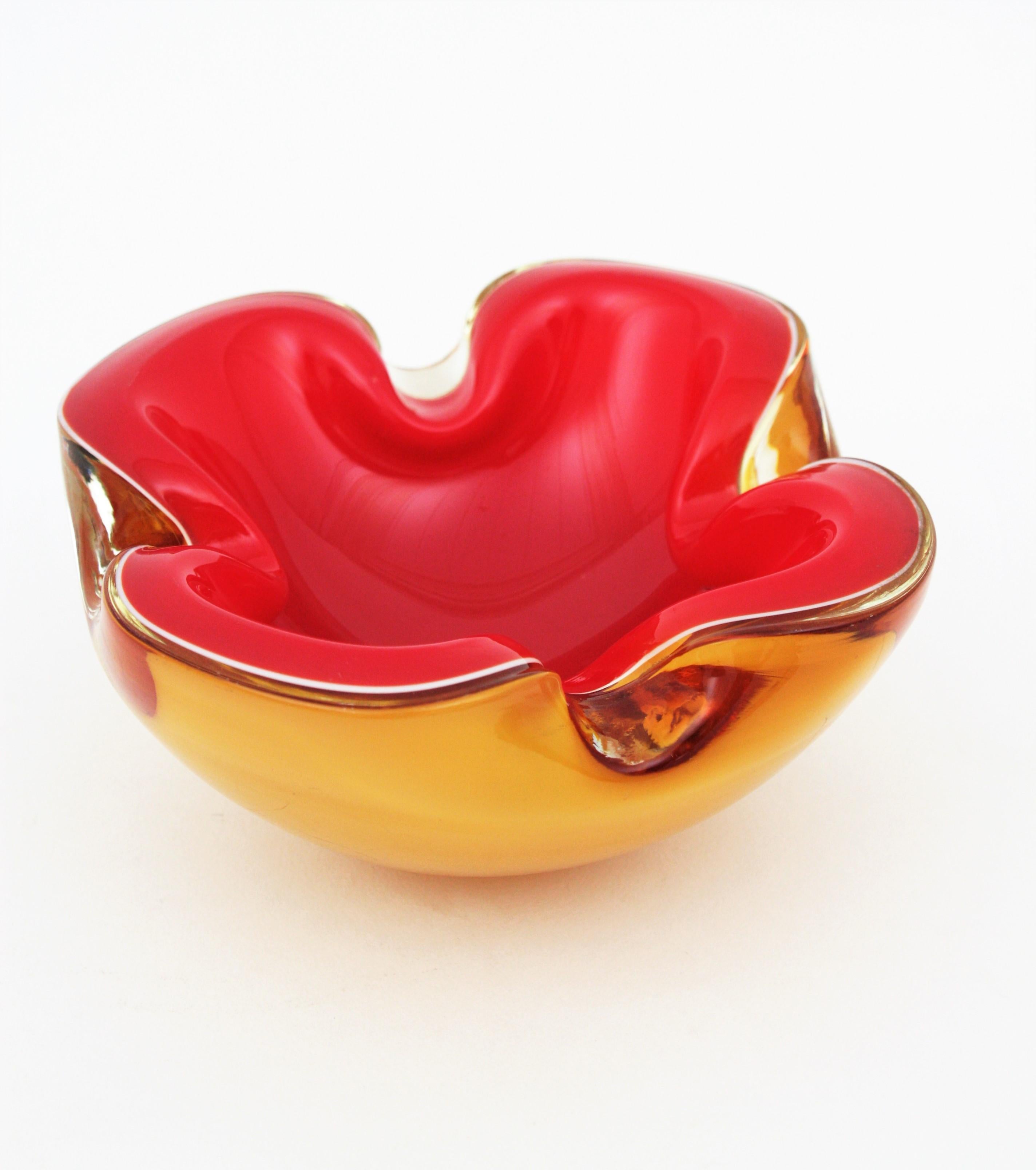 Mid-Century Modern Italian Red and Amber Sommerso Murano Glass Bowl or Ashtray 5