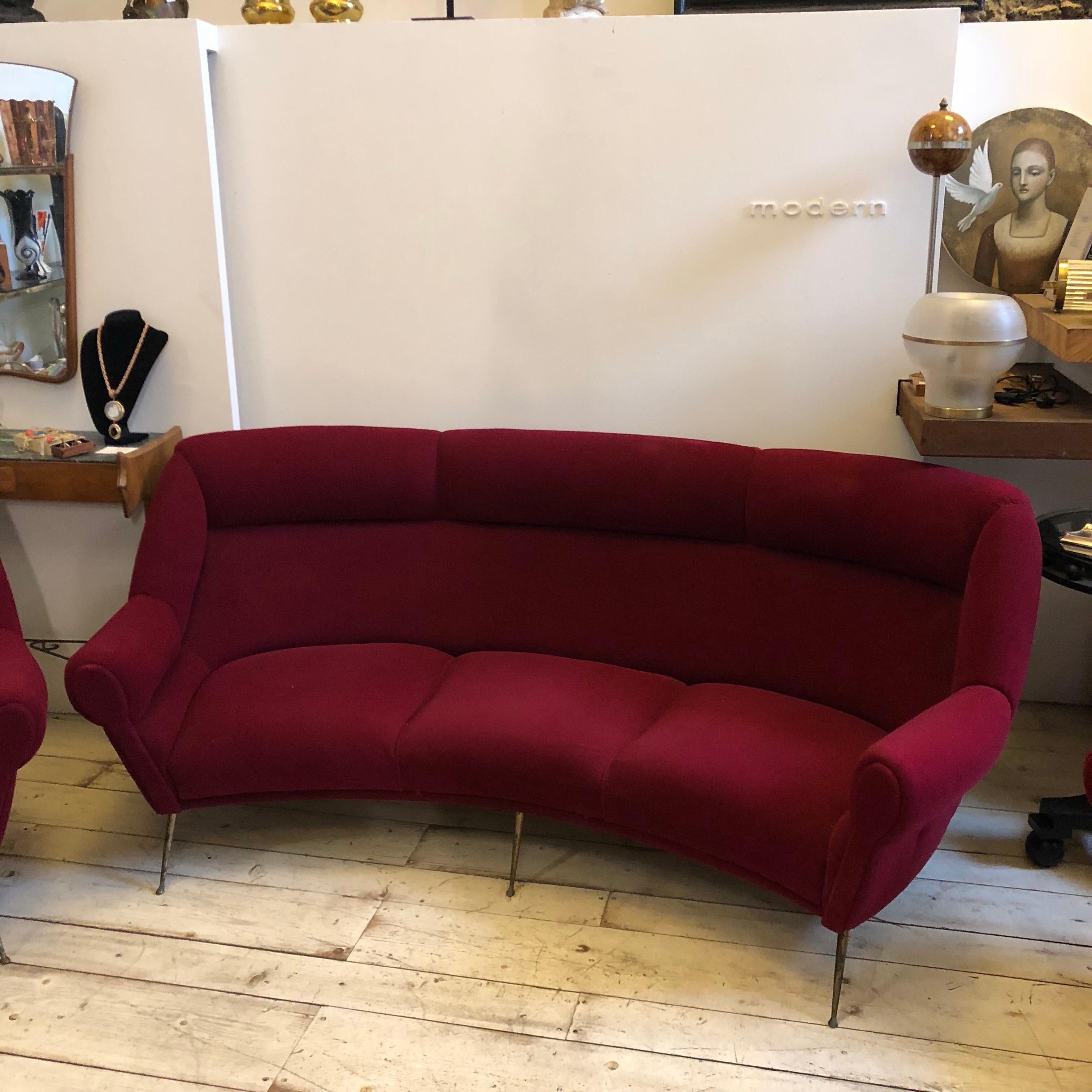 20th Century Mid-Century Modern Italian Red Curved Living Room Set, circa 1950